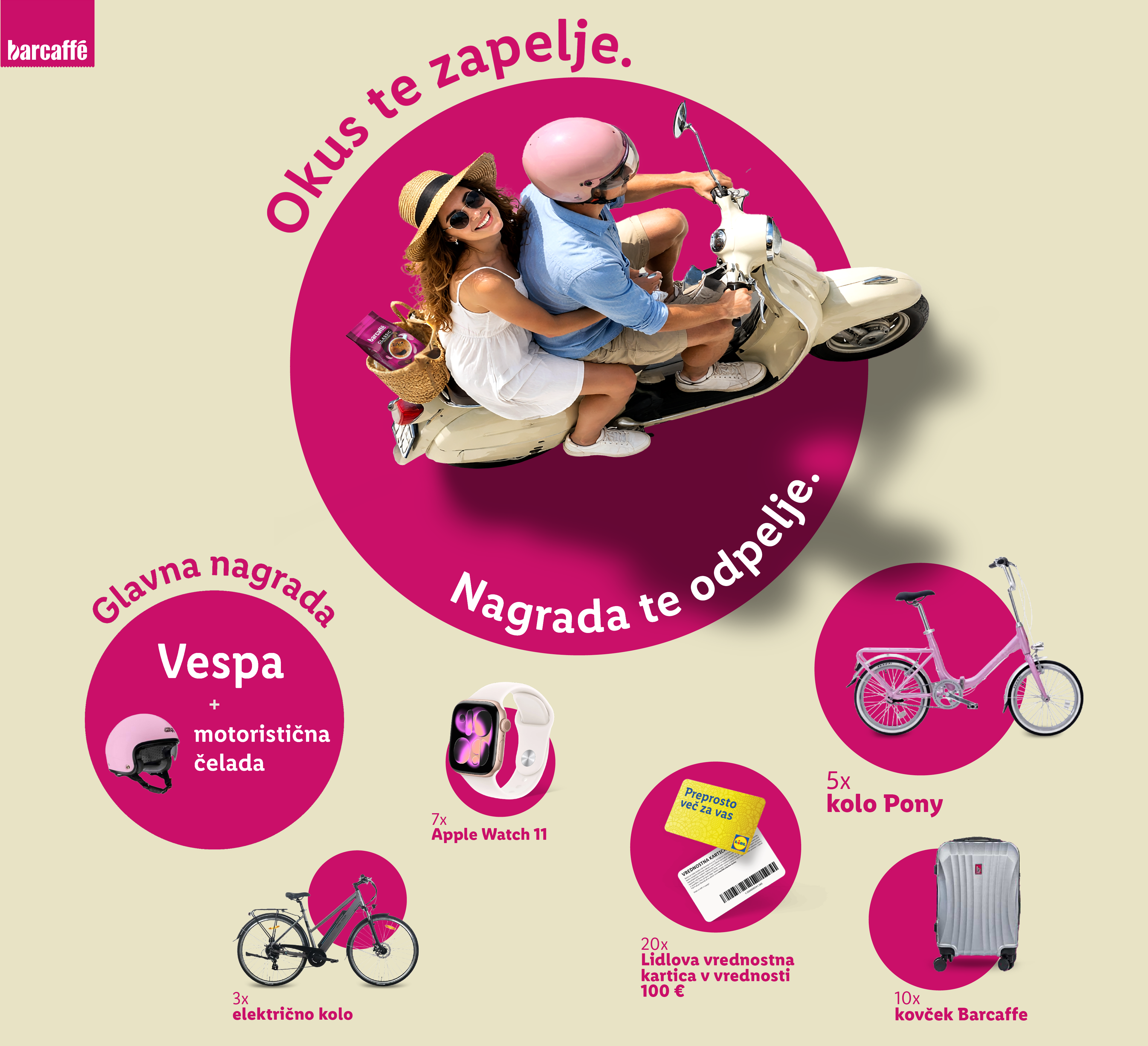 Par na skuterju, obkrožen z nagradami: Vespa, električna kolesa, Pony kolesa, darilne kartice, pametne ure in kovčki.