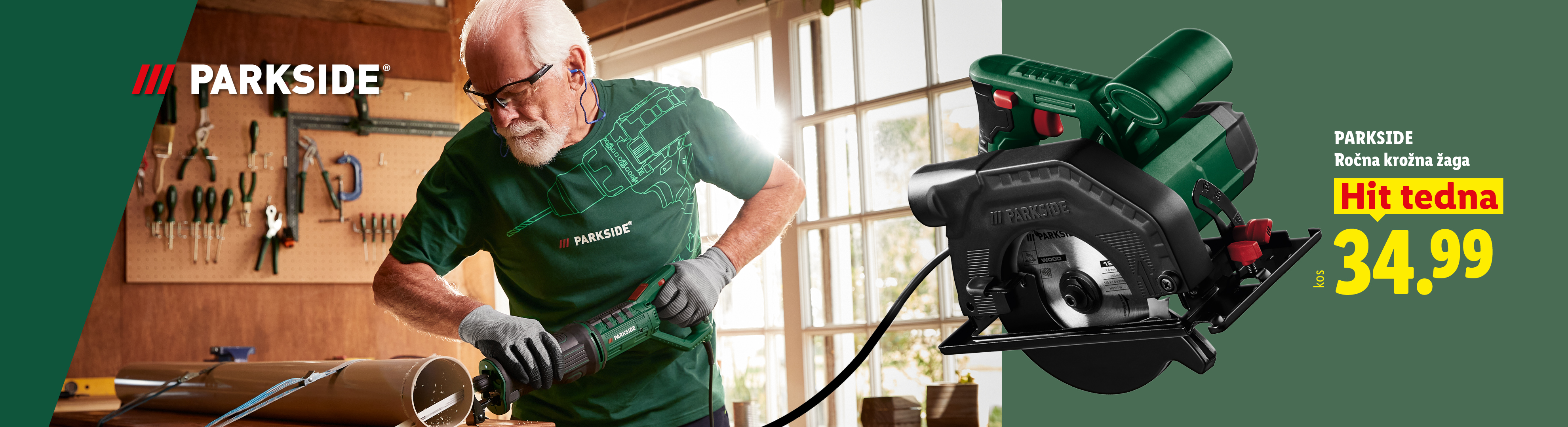 Moški reže cev z žago, poleg je krožna žaga, cena 34,99.