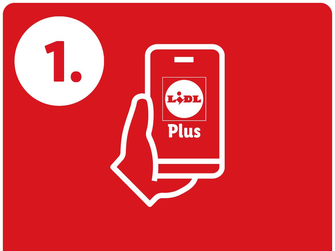 Korak 1: Roka drži pametni telefon z logotipom aplikacije Lidl Plus.
