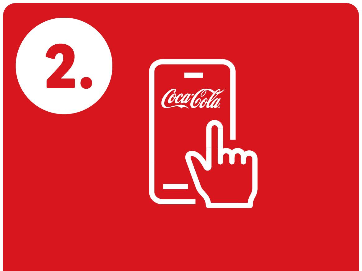 Rdeča ikona s številko 2 in belo ikono pametnega telefona z logotipom Coca-Cola in kazalcem.