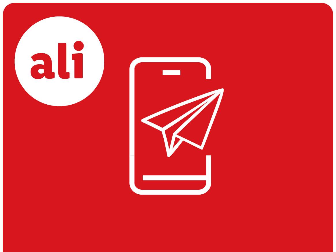 Rdeča podlaga z belim krogom z napisom »ali« in belo ikono telefona s papirnatim letalom.