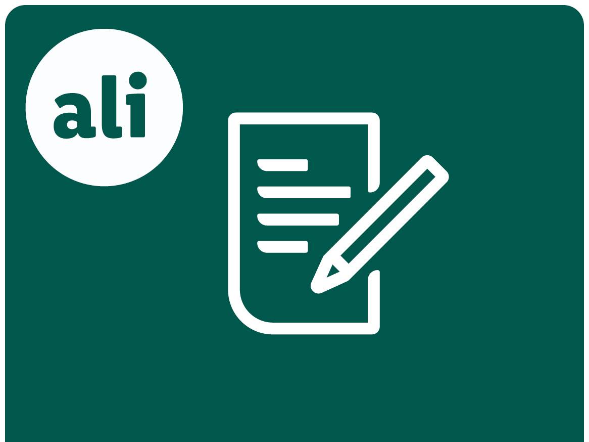 Logotip z besedo »ali« in ikona dokumenta s pisalom.