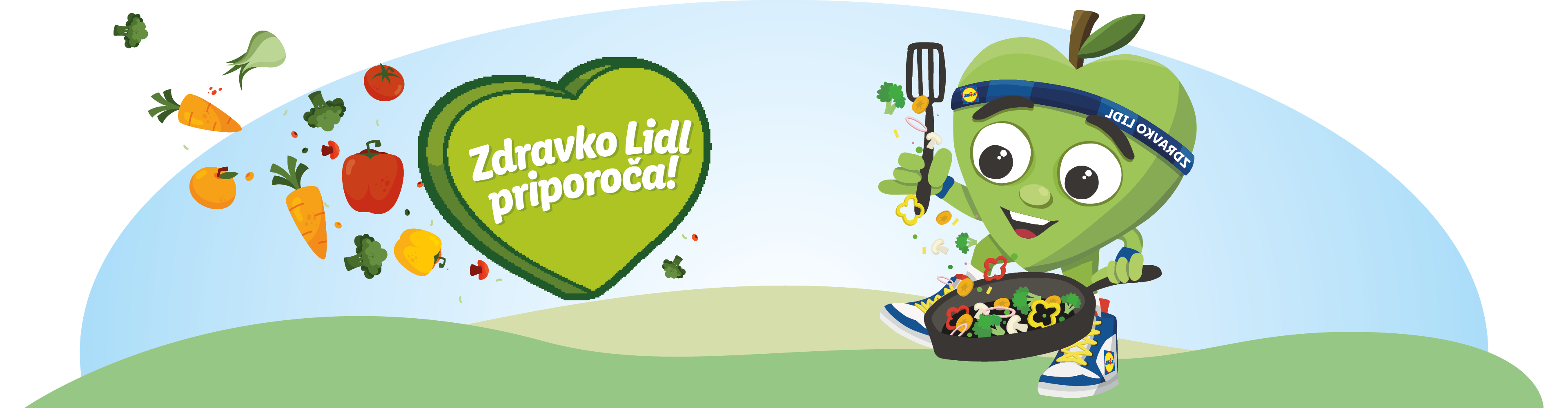 Zeleno jabolko v športni opremi kuha zelenjavo, ob njem pa je srce z napisom 'Zdravko Lidl priporoča!'