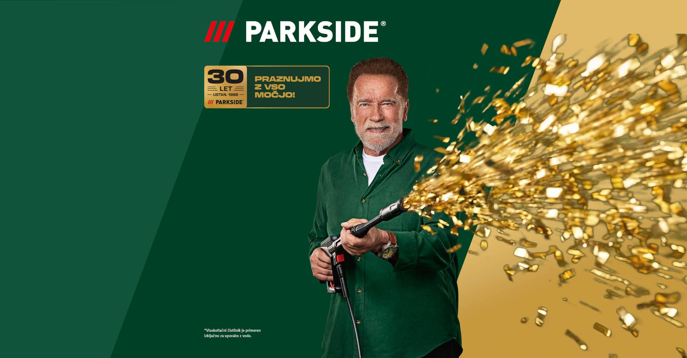 Arnold Schwarzenegger praznuje 30 let Parksidea z zlatimi konfeti iz visokotlačnega čistilnika.