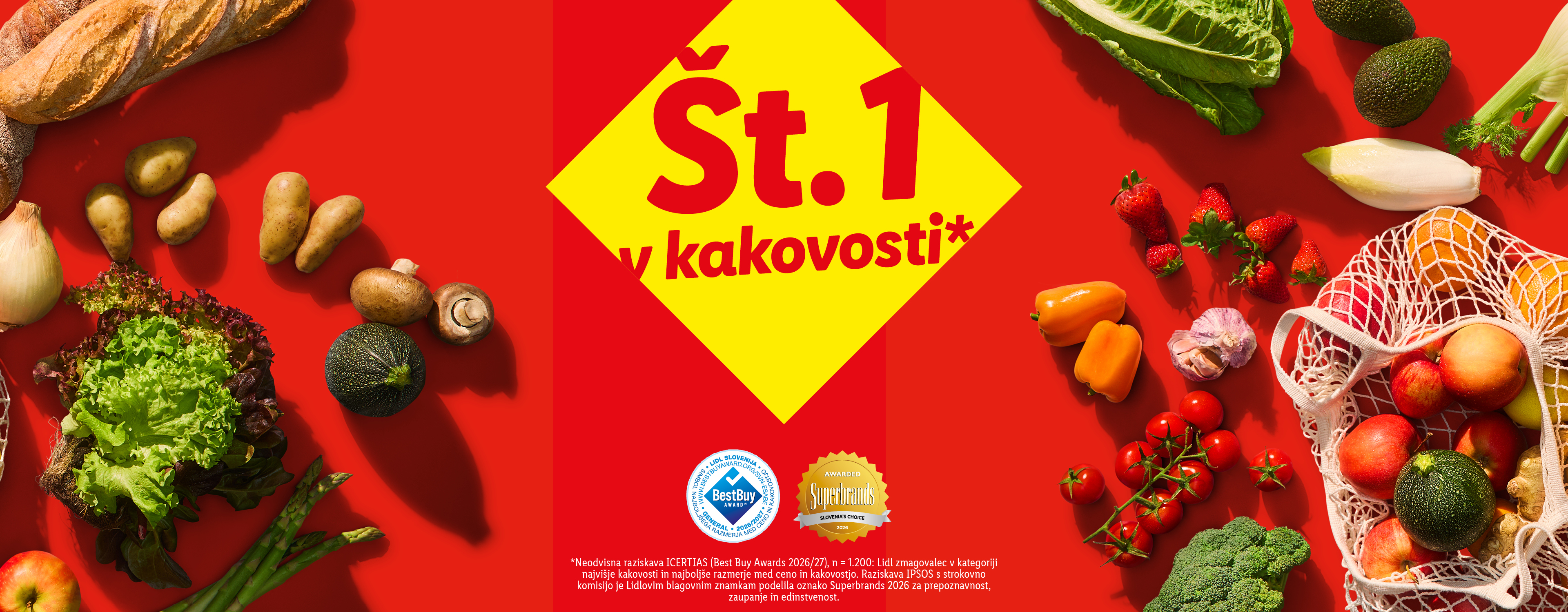 Št. 1 v kakovosti: Sveža zelenjava, sadje in kruh na rdeči podlagi, z nagradami BestBuy in Superbrands.