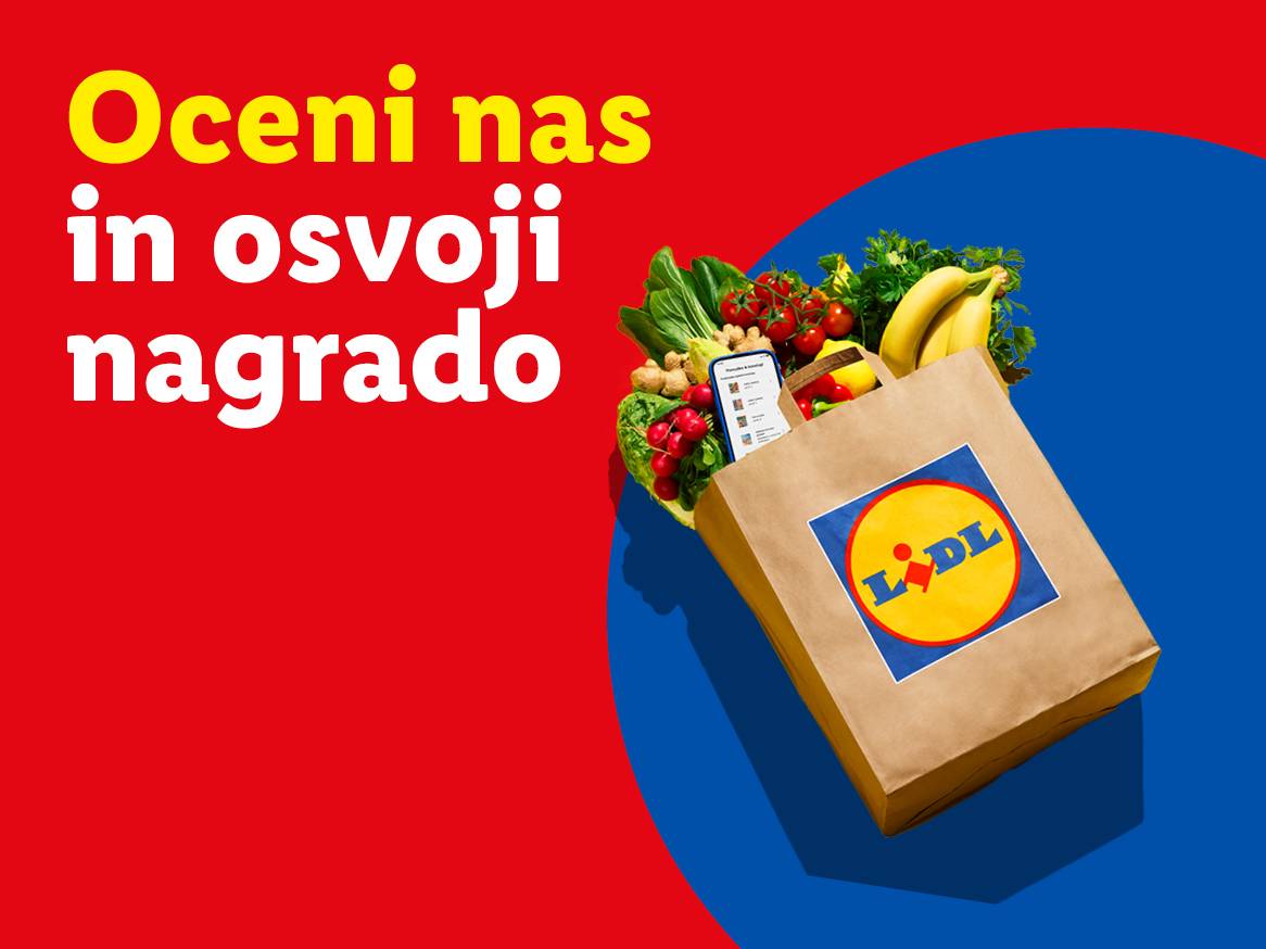 Oceni nas in osvoji nagrado. Nakupovalna vrečka s sadjem, zelenjavo in telefonom.