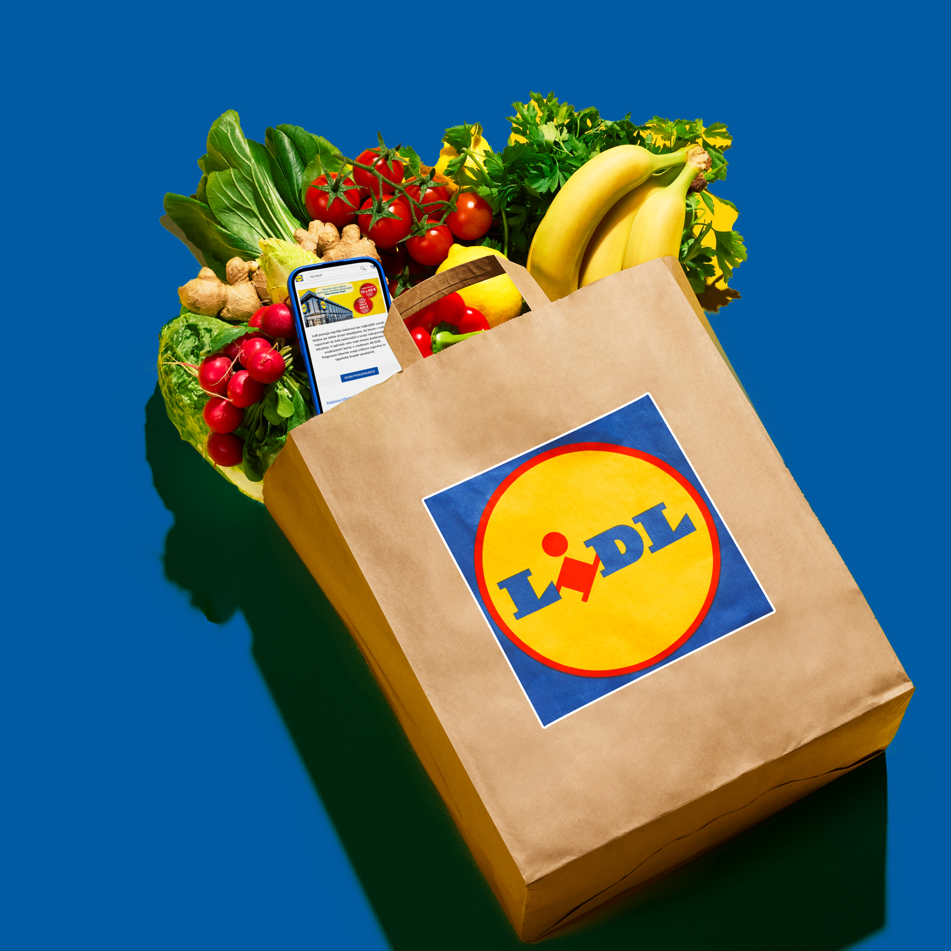 Nakupovalna vrečka Lidl, polna sveže zelenjave in sadja, s telefonom, ki prikazuje spletno stran Lidla.