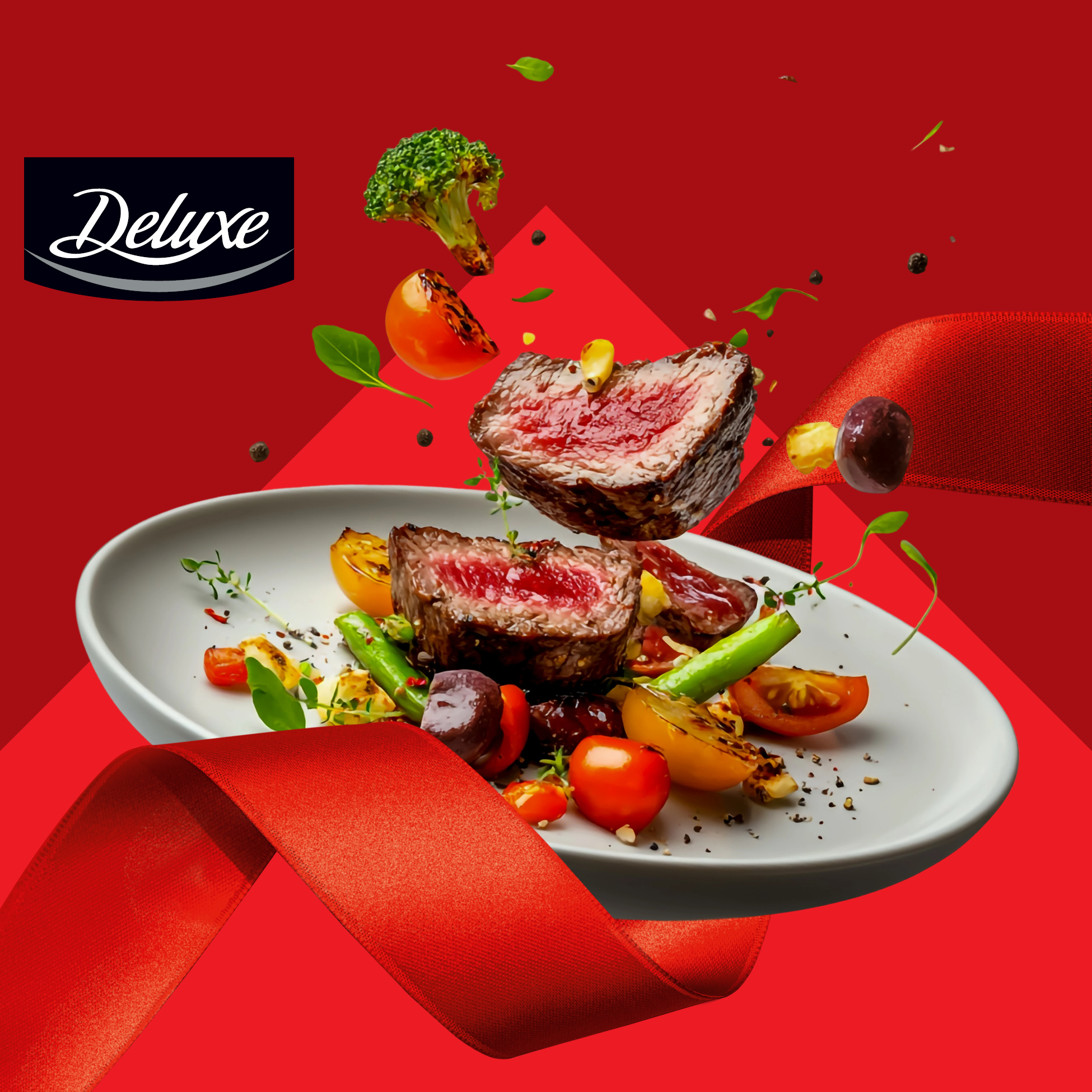 Deluxe goveji zrezek z žar zelenjavo in rdečim trakom.