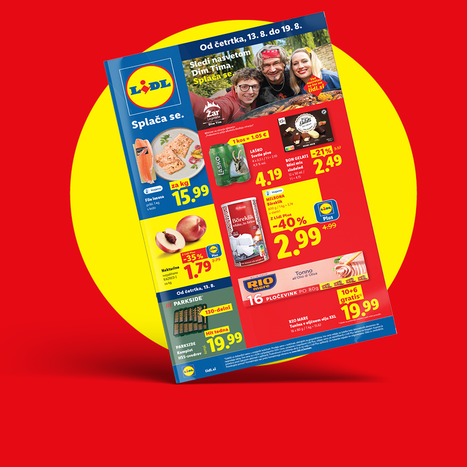 Lidl letak z lososom, breskvami, pivom, sladoledom, burekom, tuno in orodjem.