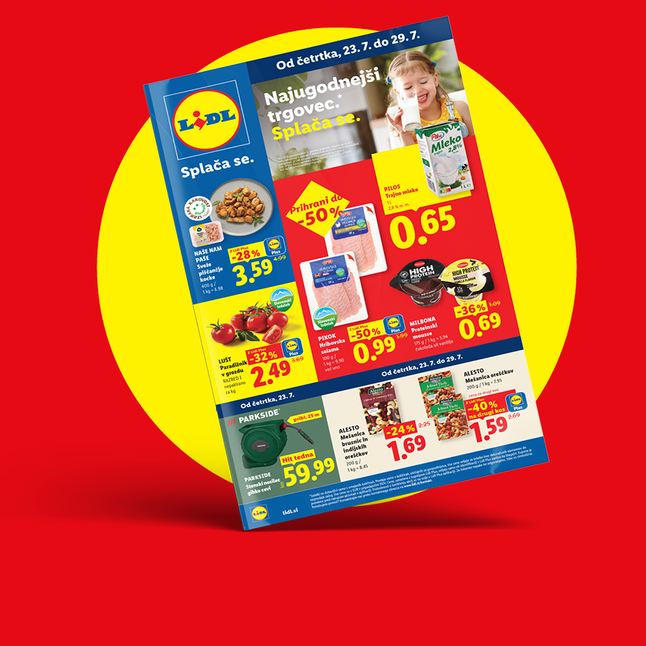 Lidl letak z akcijskimi izdelki, vključno s piščančjimi kockami, paradižnikom, mlekom, salamo, moussom, mešanico oreščkov in stenskim nosilcem za gibke cevi.