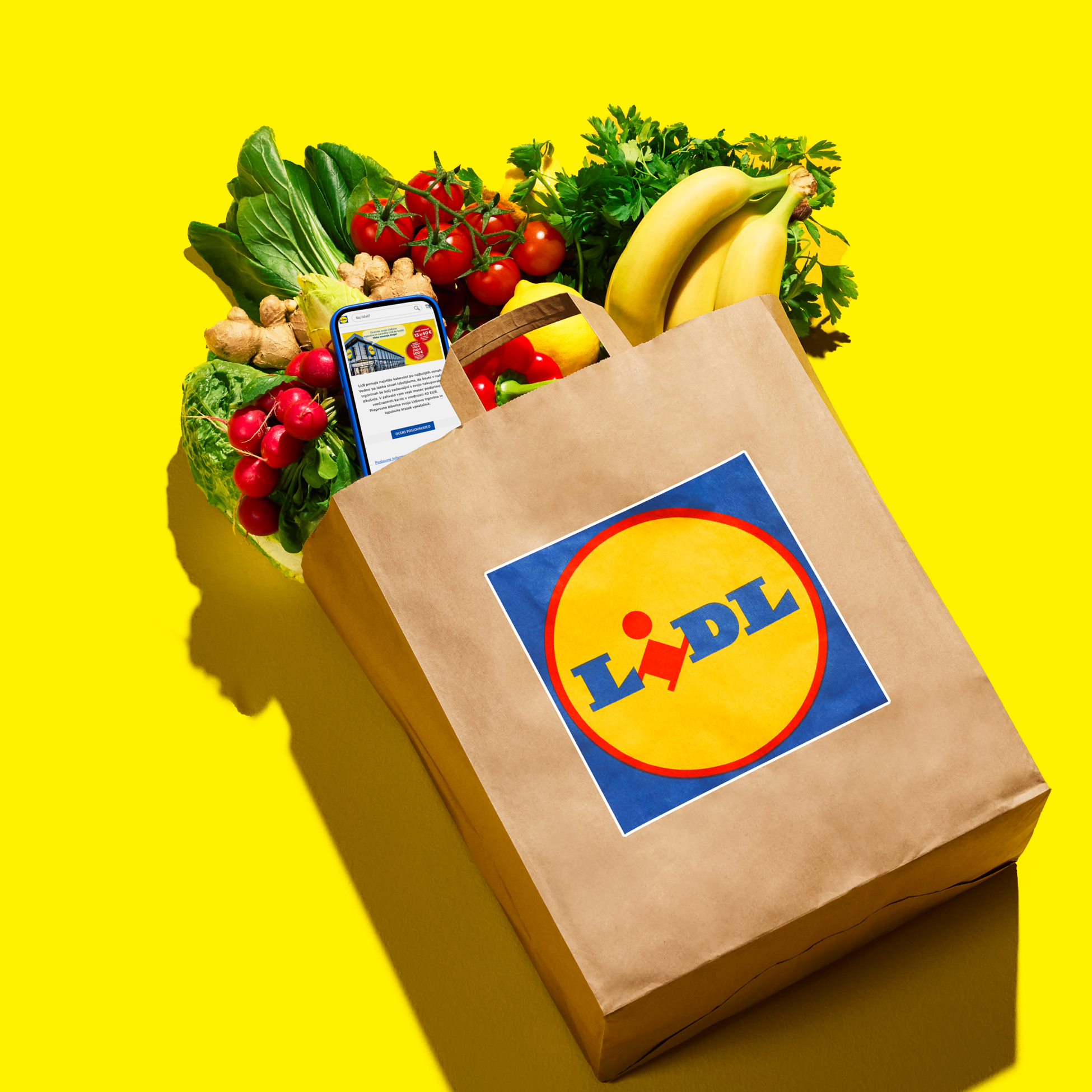 Lidl papirnata vrečka, polna sveže zelenjave in sadja, z mobilno aplikacijo Lidl.