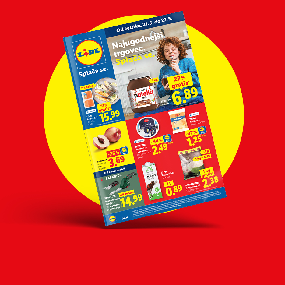 Lidl letak z Nutello, ribjimi fileji, nektarinami, sirom, mlekom in rižem v akciji.