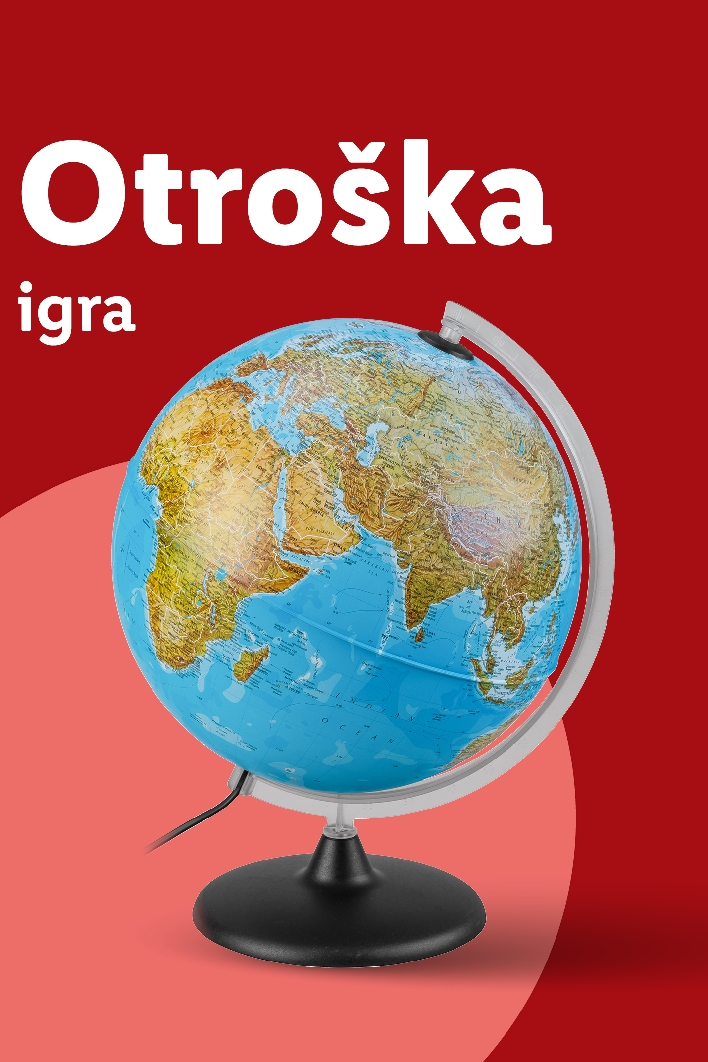 Otroška igra: globus z napisom Otroška igra na rdečem ozadju.