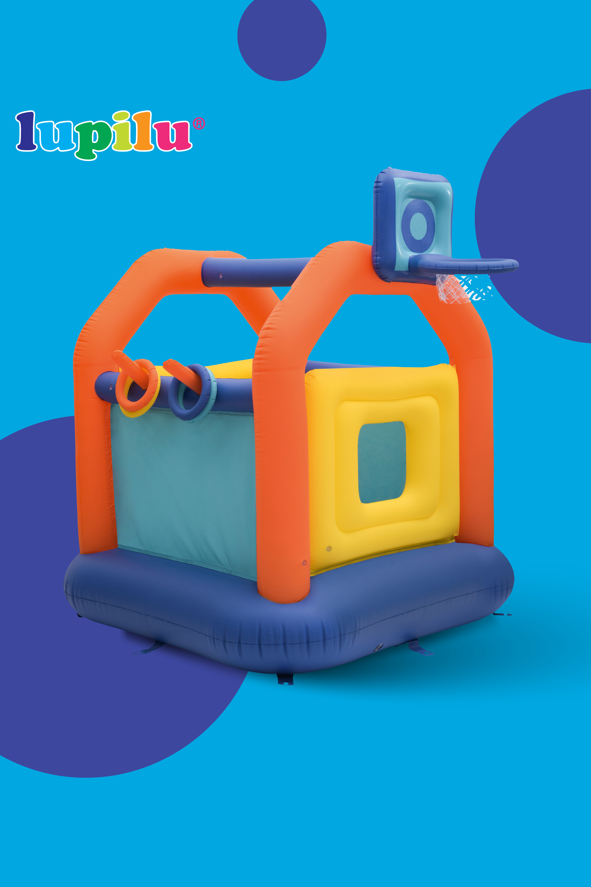 Napihljiv igralni center z obroči in košarkarskim košem v modri, oranžni in rumeni barvi.