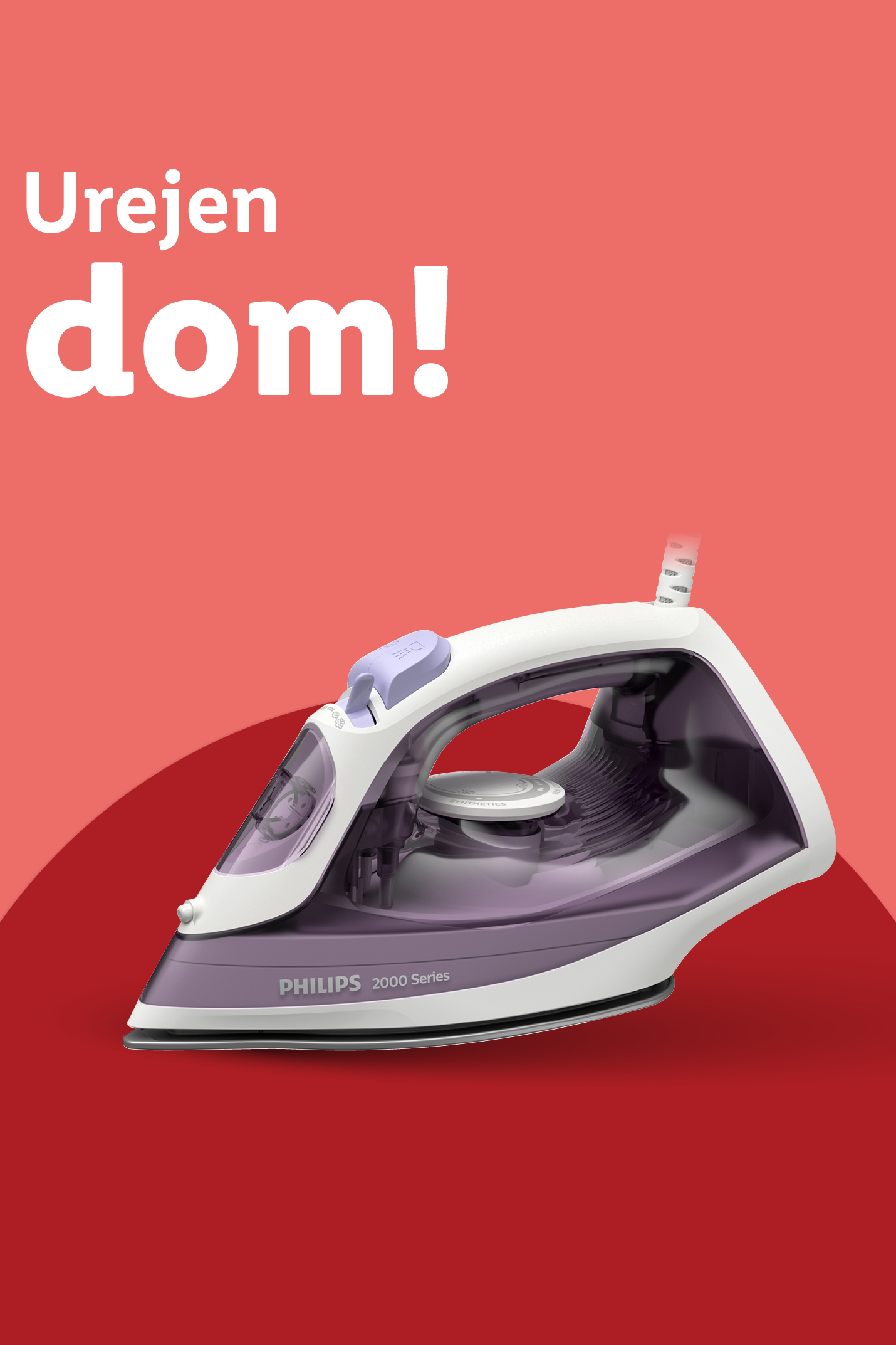 Philips likalnik serije 2000 na rdečem ozadju z napisom »Urejen dom!«