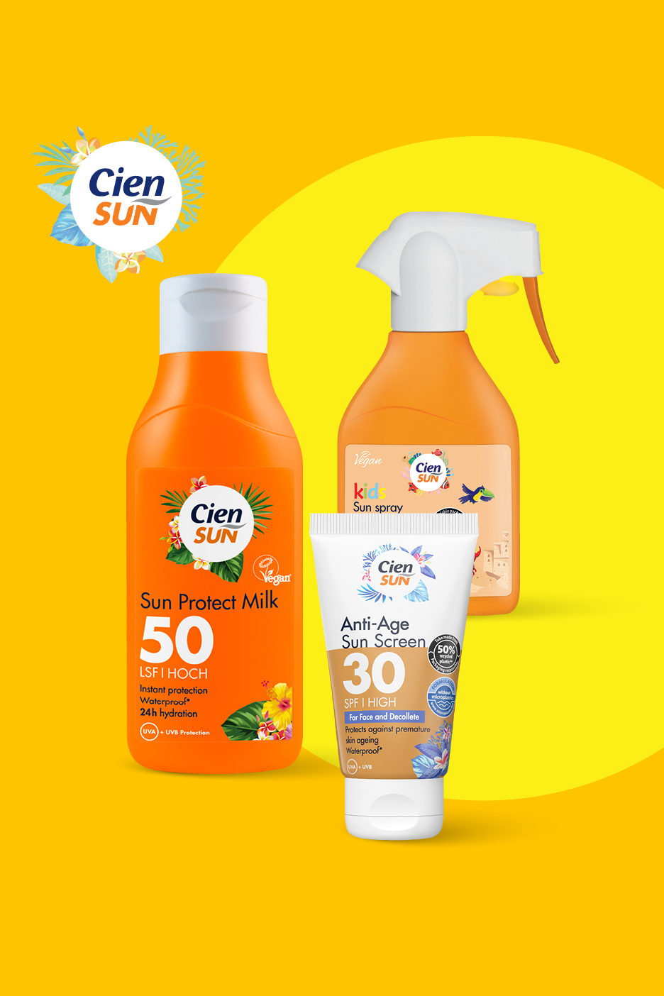 Tri kreme za sončenje: mleko za sončenje SPF 50, sprej za otroke in krema proti staranju SPF 30.