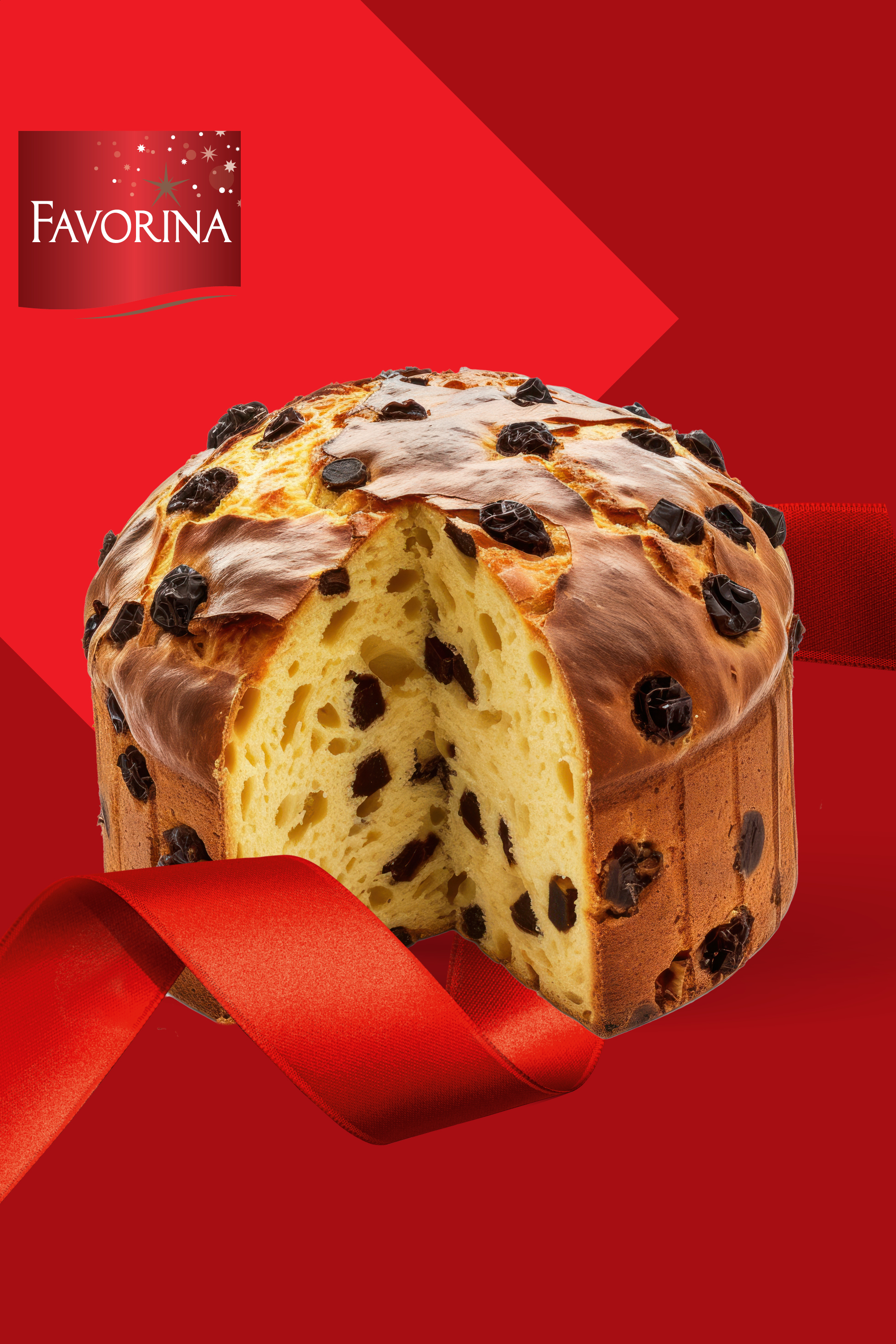 Panettone Favorina z rozinami in rdečim trakom na rdečem ozadju