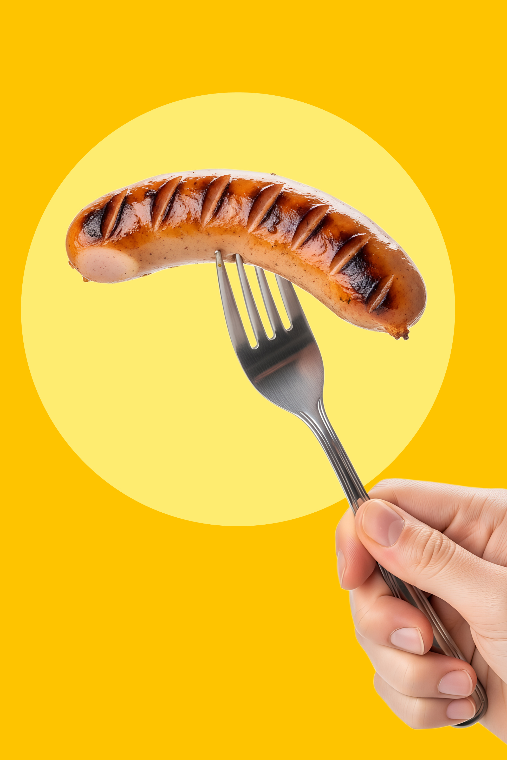 Roka drži vilice z žar klobaso na rumenem ozadju.