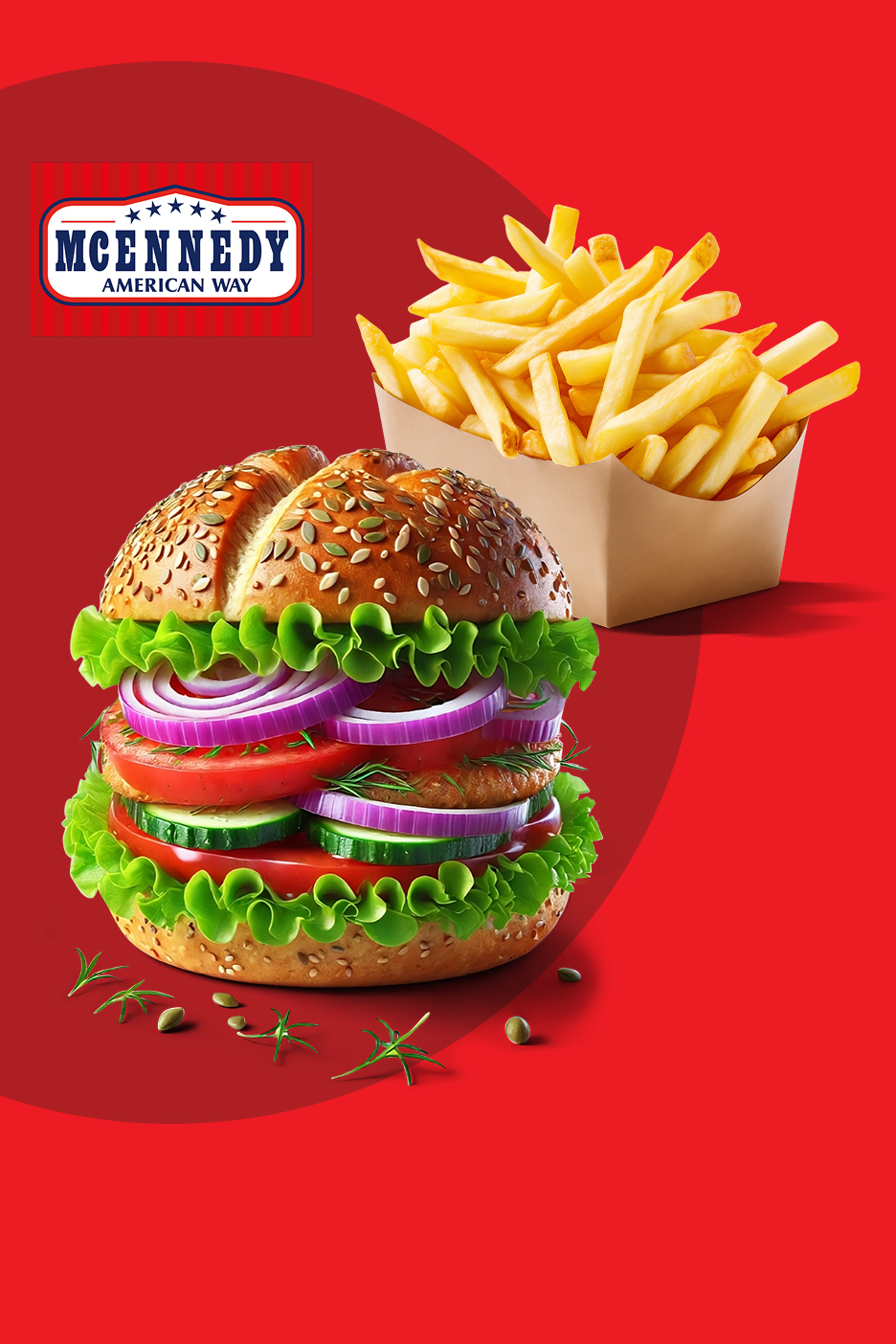 Slasten burger s svežo zelenjavo in hrustljavim krompirčkom na rdečem ozadju.