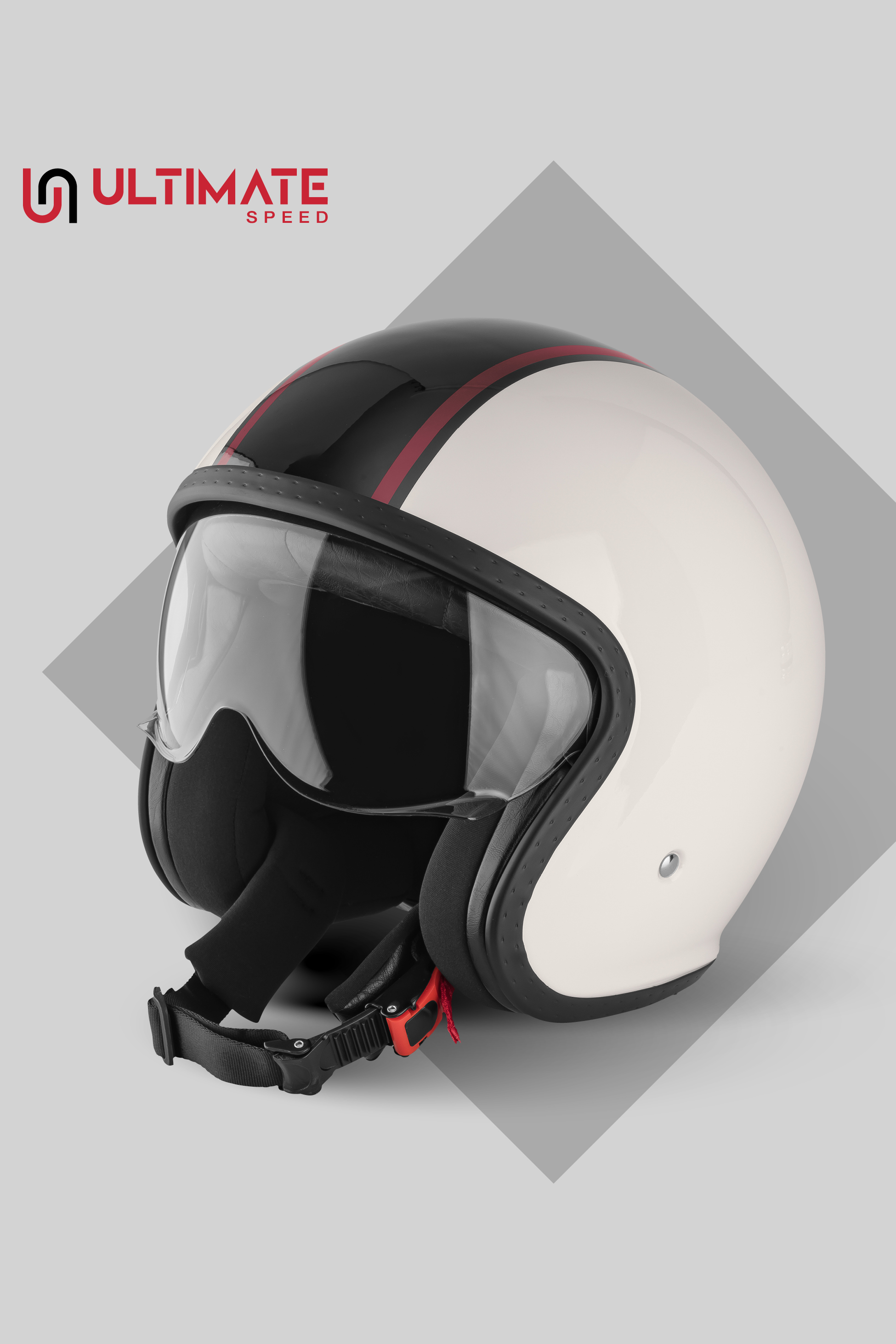 Bela motoristična čelada z vizirjem in črno-rdečim trakom, logotip Ultimate Speed.