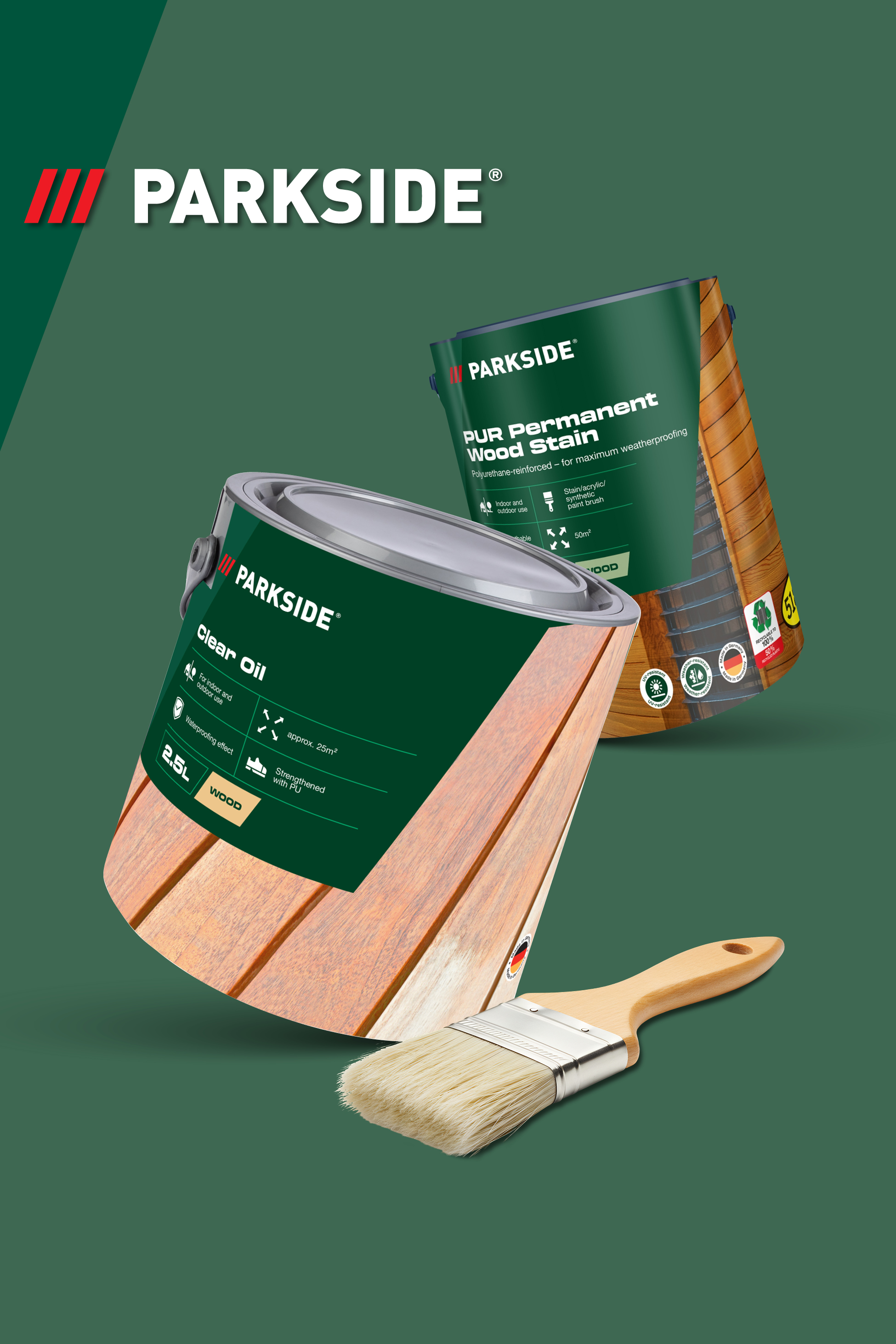 Pločevinke z oljem za les in lazuro za les, skupaj s čopičem, na zelenem ozadju.