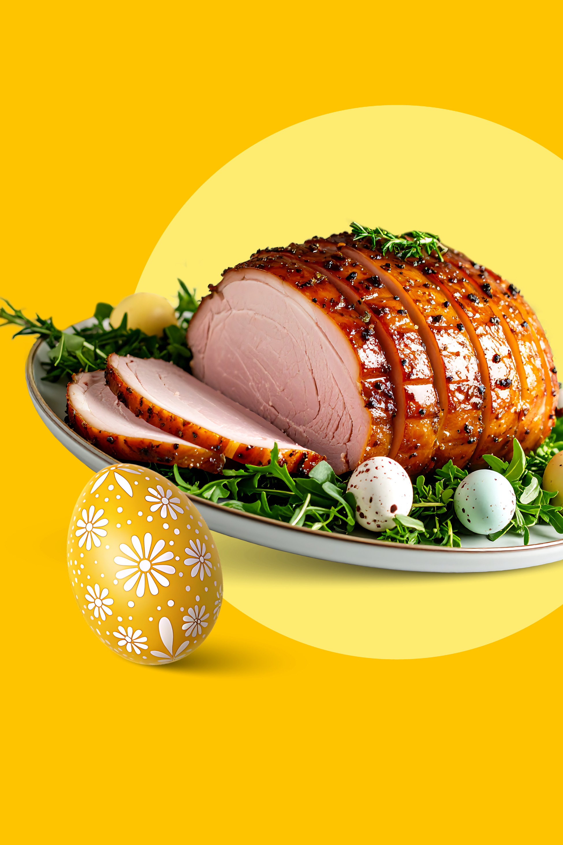 Glazirana šunka z zelišči in jajci na rumenem ozadju, primerna za veliko noč.