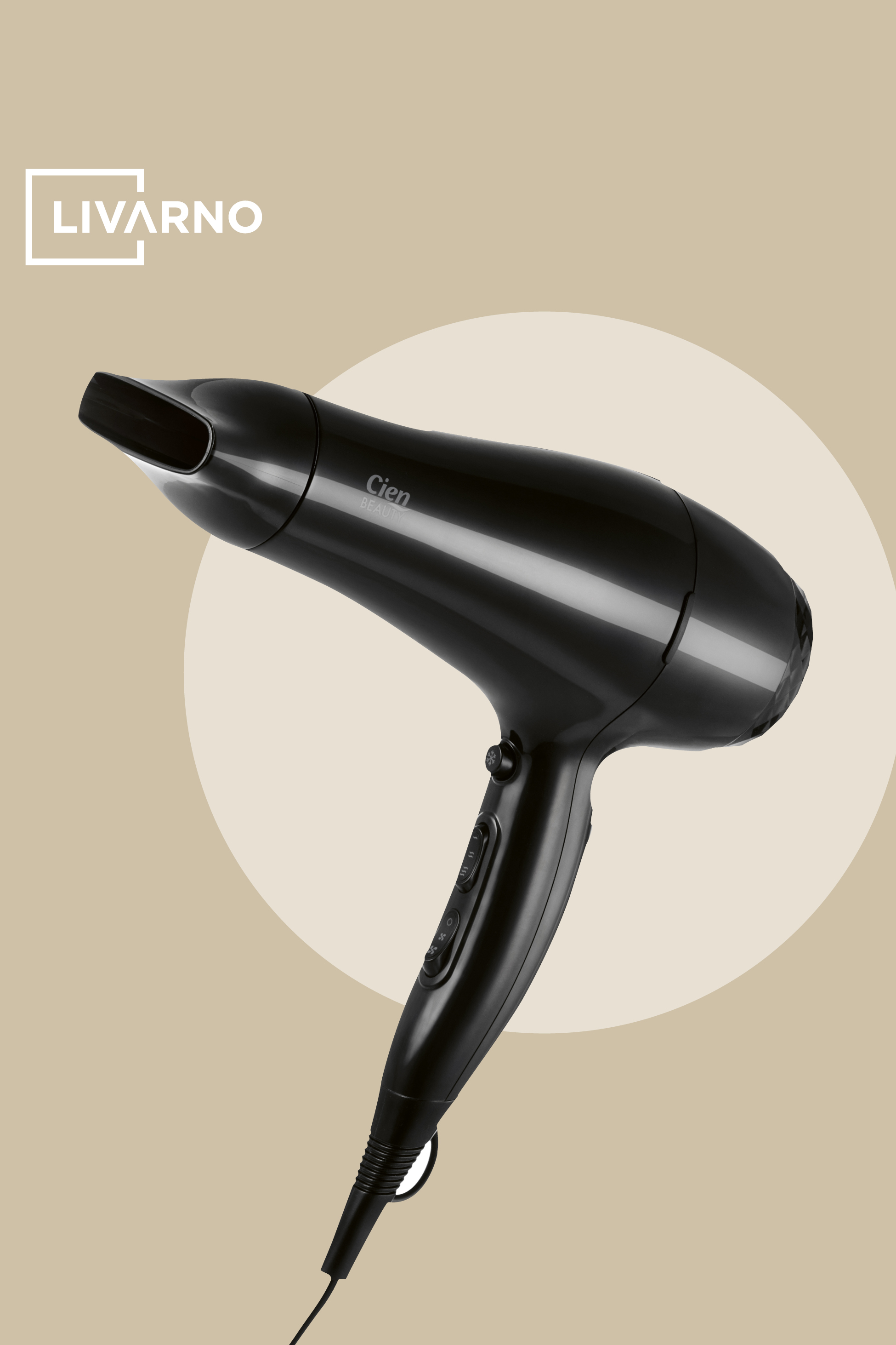 Črn sušilnik za lase z belim logotipom Livarno na bež ozadju.