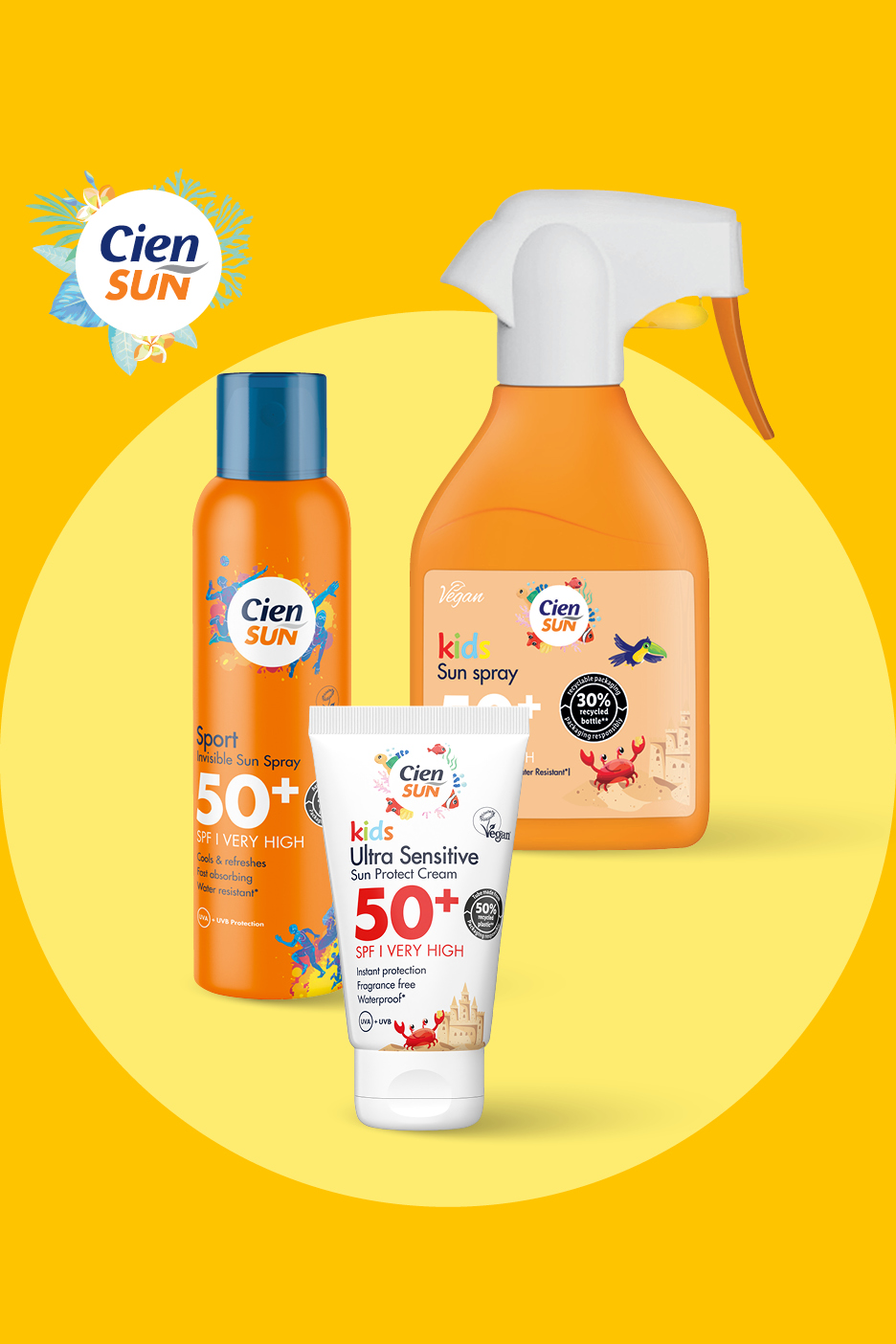 Trije izdelki za zaščito pred soncem, vključno s sprejem za otroke in športnim sprejem, na rumenem ozadju.