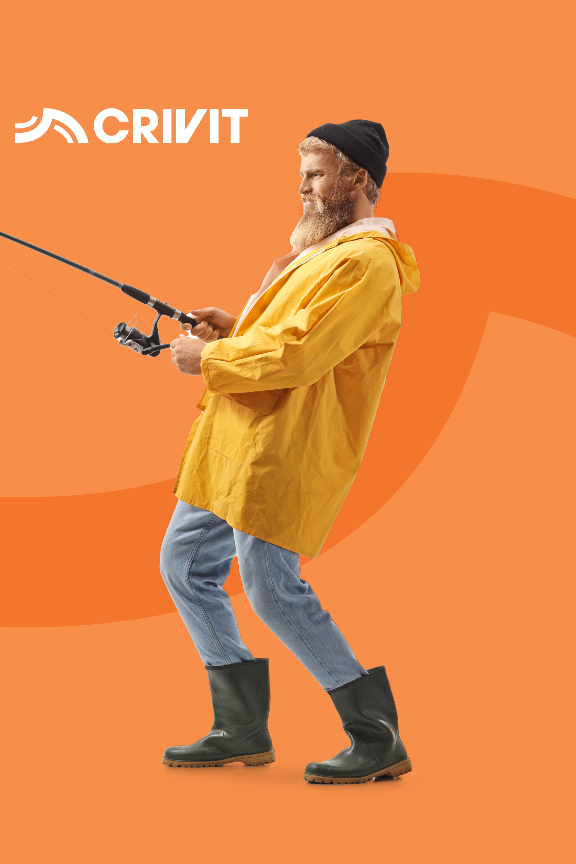 Moški v rumeni dežni jakni in škornjih lovi ribe, v ozadju oranžna barva.