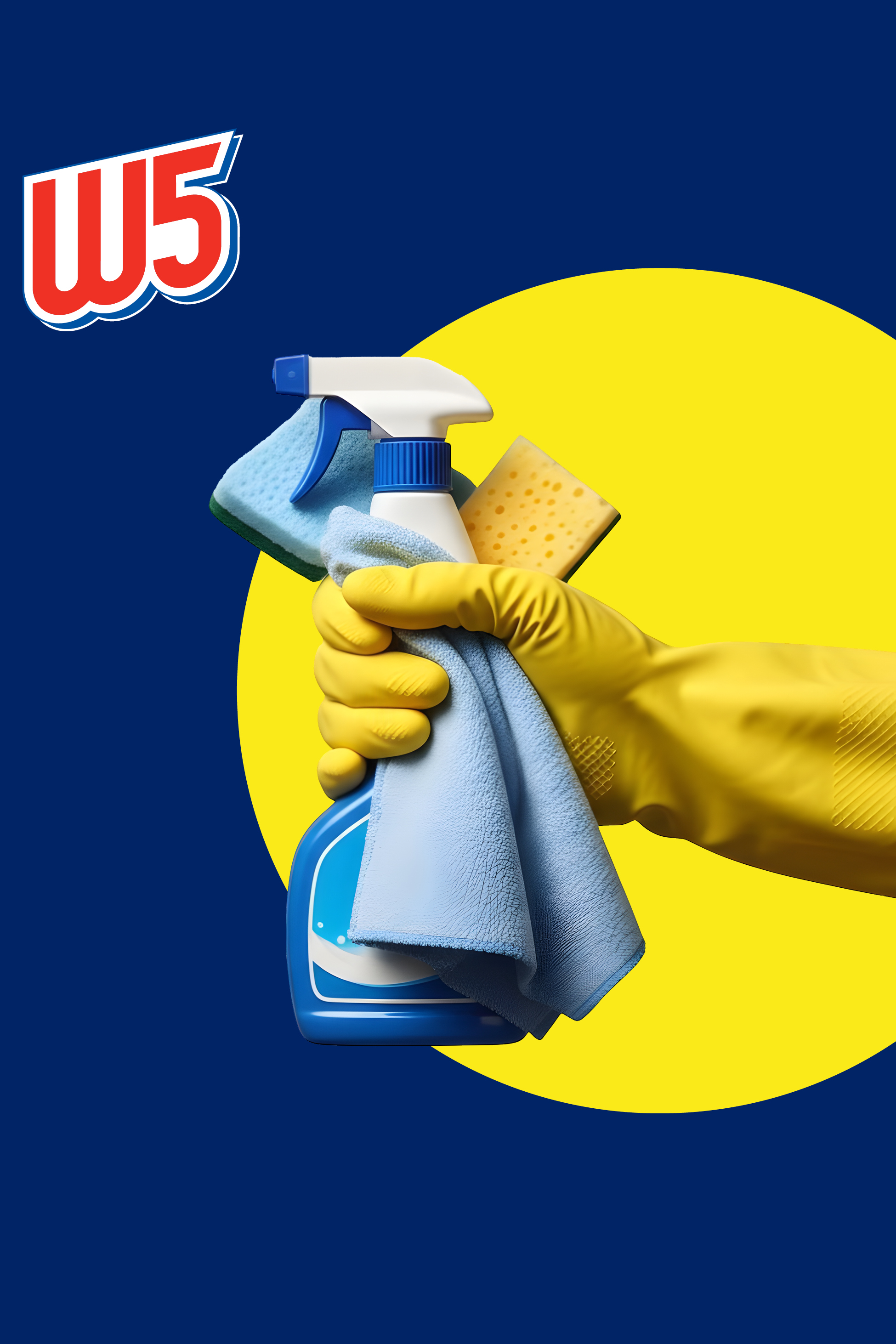 Roka v rumeni rokavici drži modro čistilno pršilko, krpo in gobico na modro-rumenem ozadju.