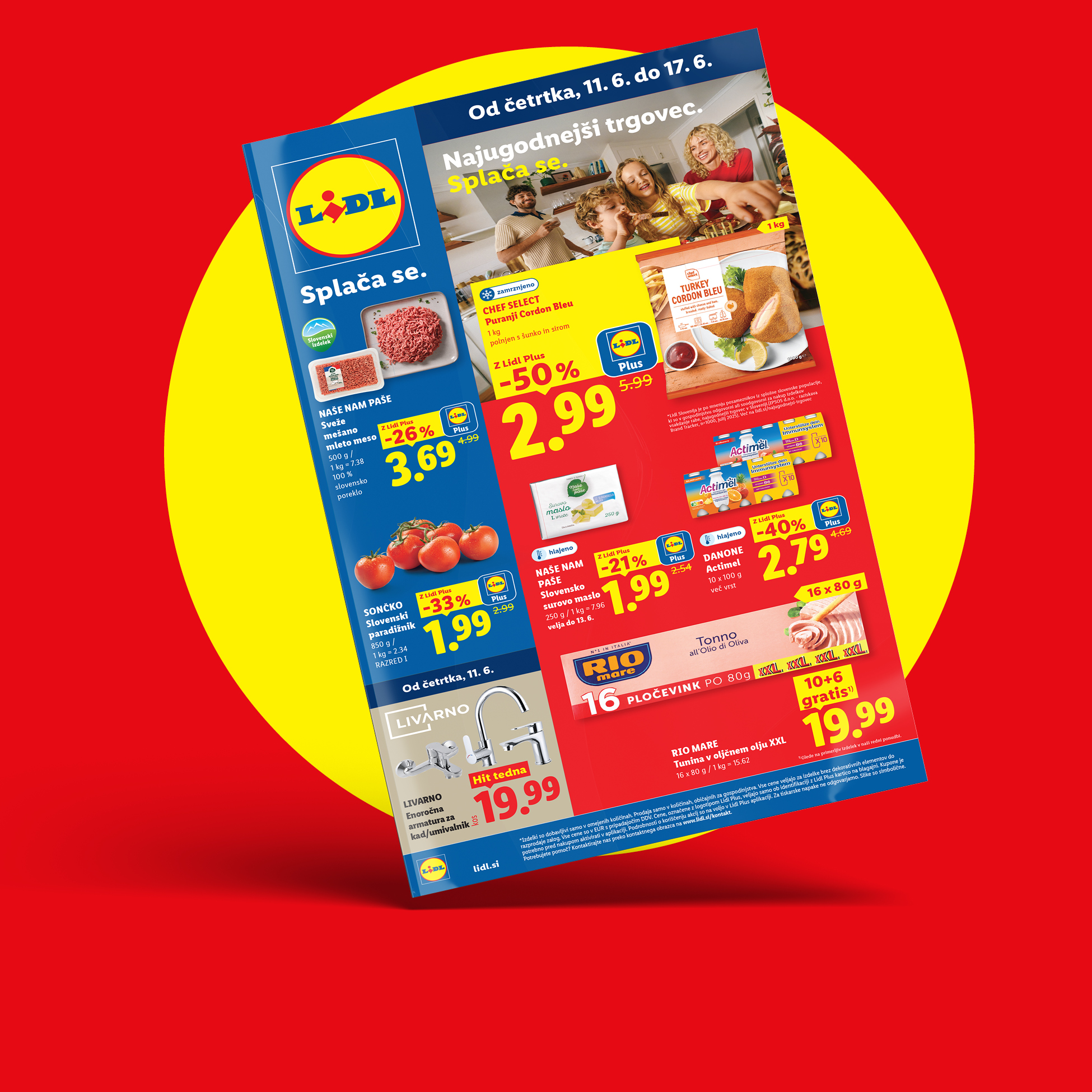 Lidl letak z akcijskimi ponudbami za mleto meso, puranji Cordon Bleu, paradižnik, maslo, Actimel, tuno in kopalniško armaturo.