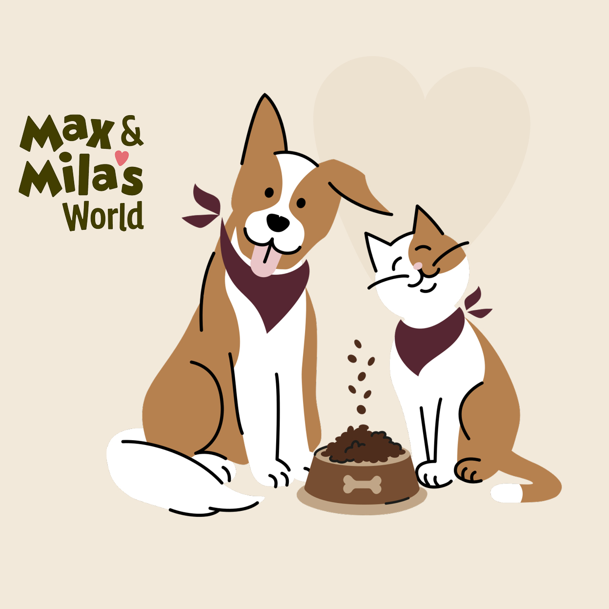 Ilustracija psa in mačke ob skledi s hrano z napisom Max & Mila's World.