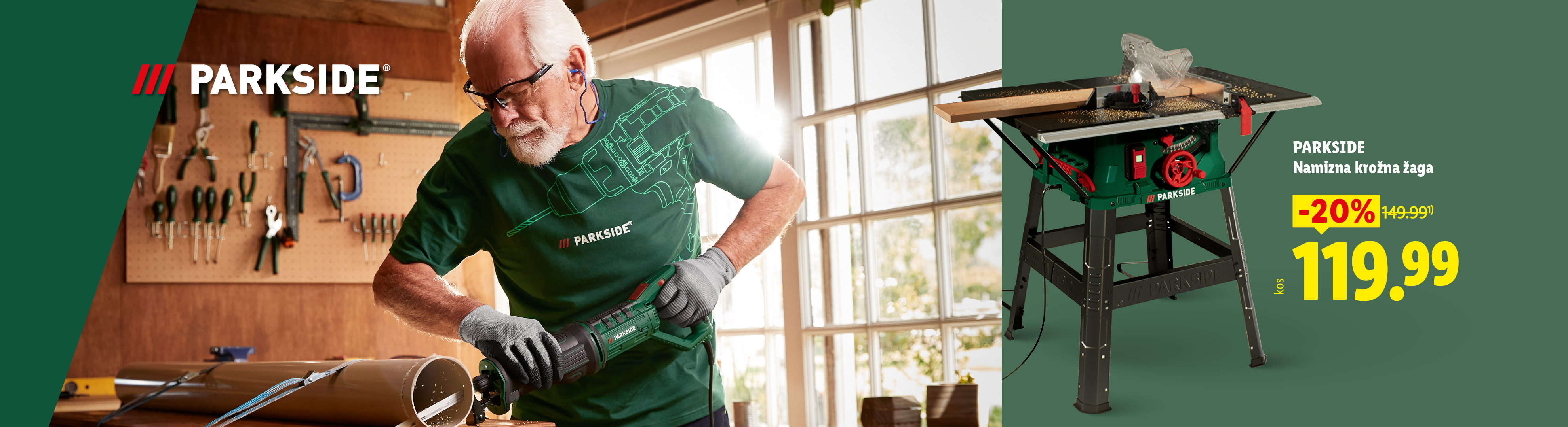 Moški v delavnici reže cev, poleg je namizna krožna žaga s popustom.