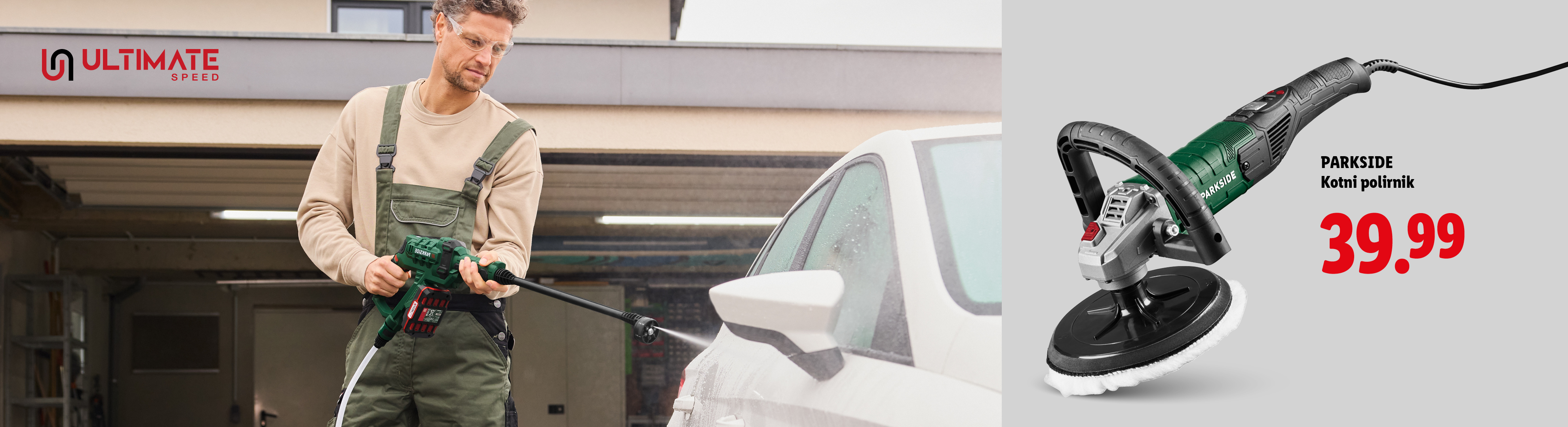 Moški čisti avto z visokotlačnim čistilcem, poleg je kotni polirnik za 39,99.