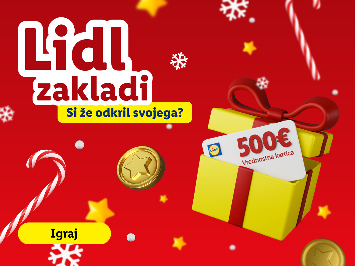 Lidl zakladi: darilna kartica za 500€ v darilni škatli, praznični motivi.