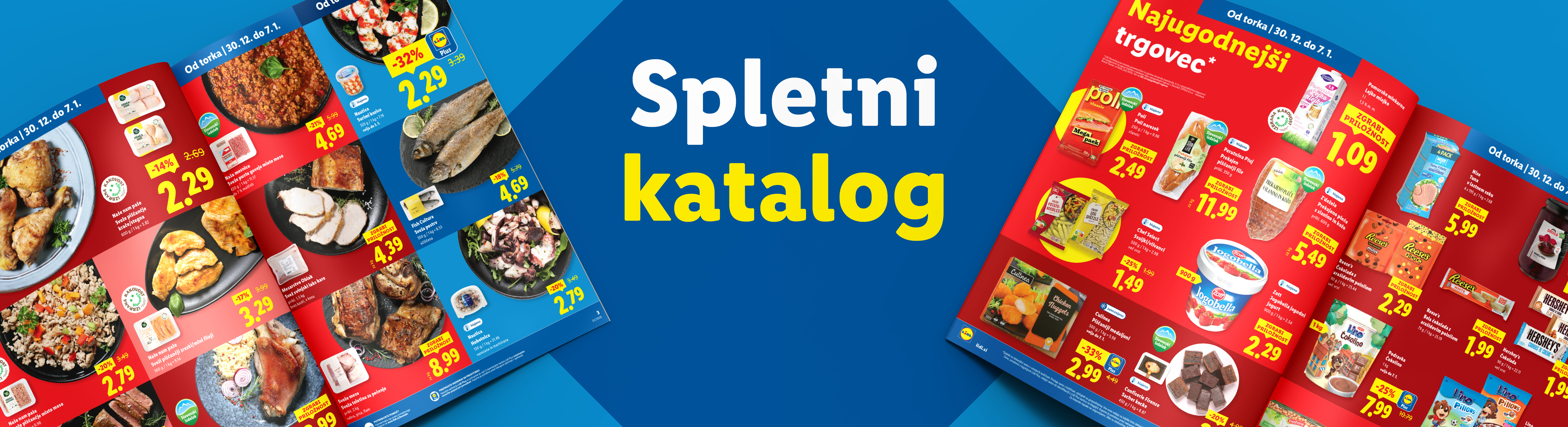 Lidl katalog s ponudbo mesa, rib, mlečnih izdelkov in sladkarij, z naslovom »Spletni katalog«.