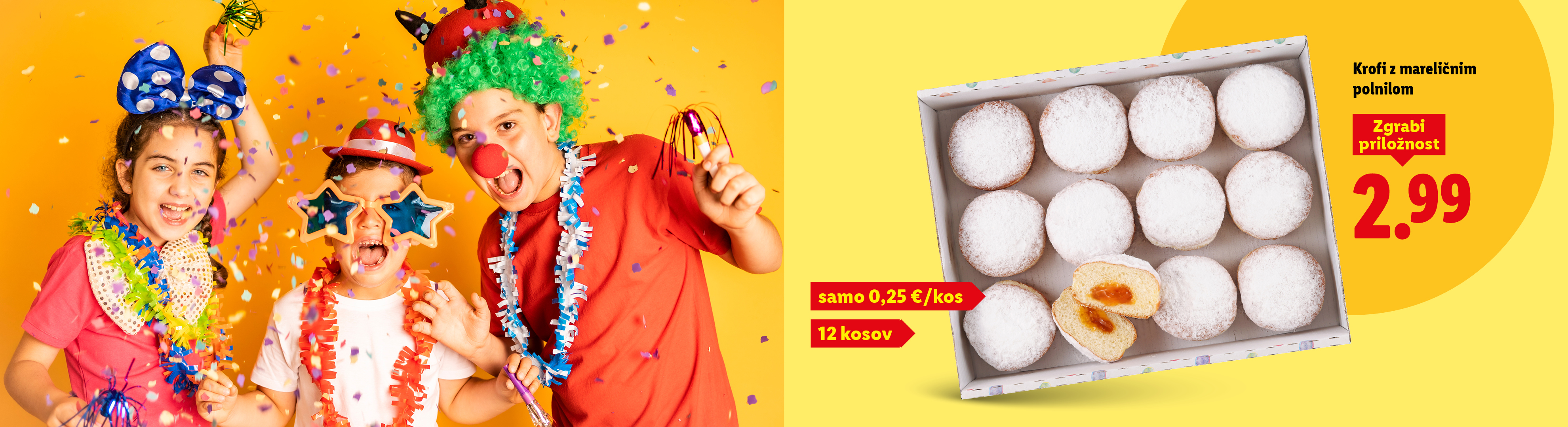 Otroci v pustnih kostumih in škatla krofov z mareličnim polnilom, cena 2,99 € za 12 kosov.