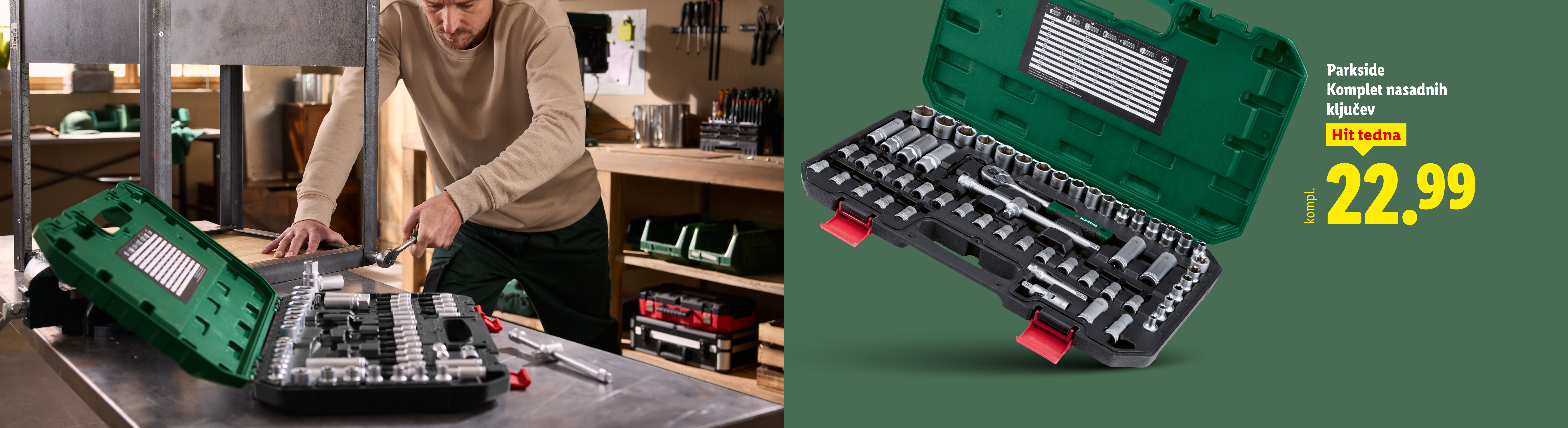 Moški uporablja komplet nasadnih ključev, ki je na voljo za 22,99 EUR kot hit tedna.