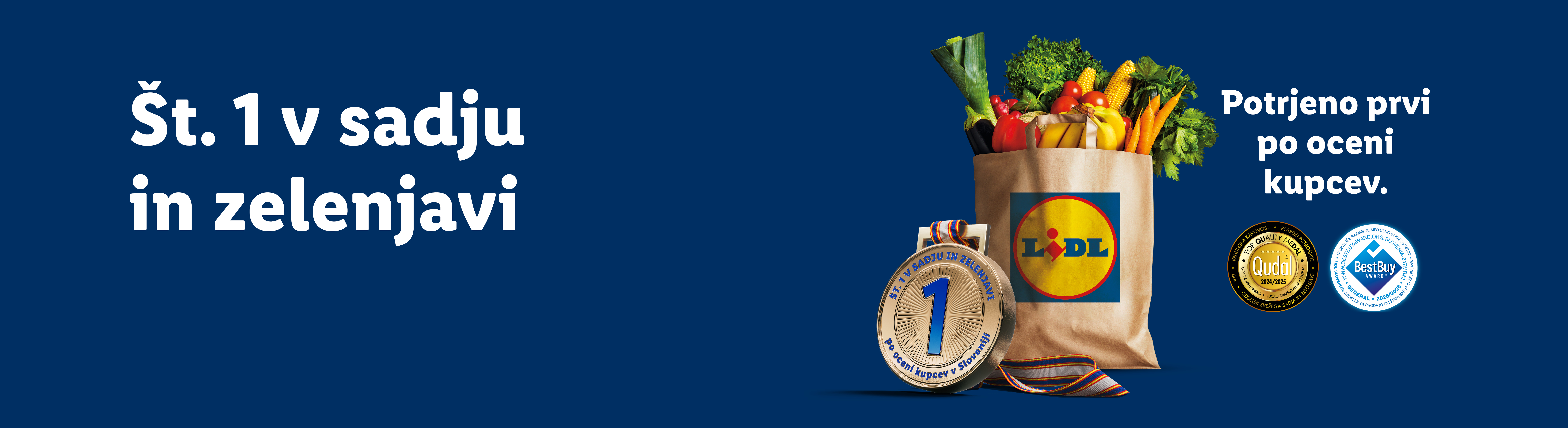 Št. 1 v sadju in zelenjavi, potrjeno prvi po oceni kupcev, z medaljami in nakupovalno vrečko.