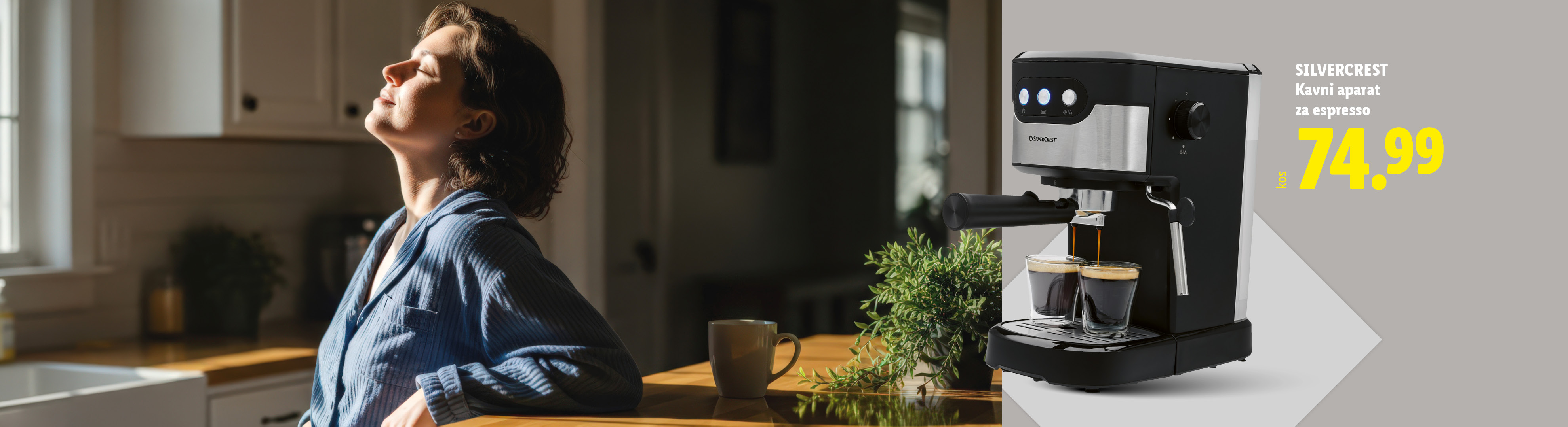 Ženska uživa v jutranjem soncu, medtem ko aparat za espresso pripravlja kavo, cena 74,99.