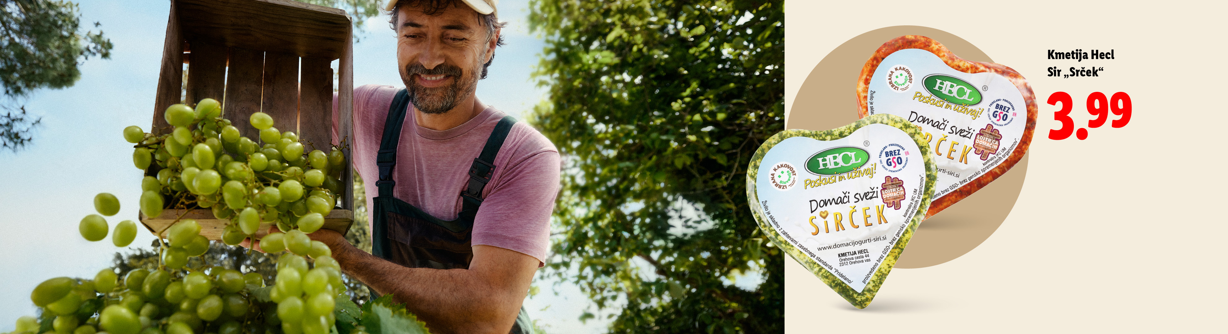 Kmet, ki drži zaboj grozdja, in srčasti siri z napisom »Domači sveži Sirček« za 3,99.
