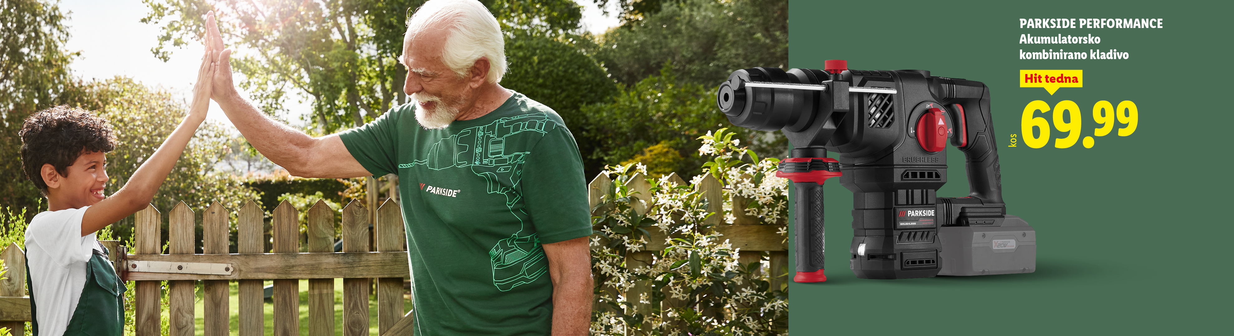 Moški in deček si podajata roke, poleg pa je akumulatorsko kombinirano kladivo za 69,99.