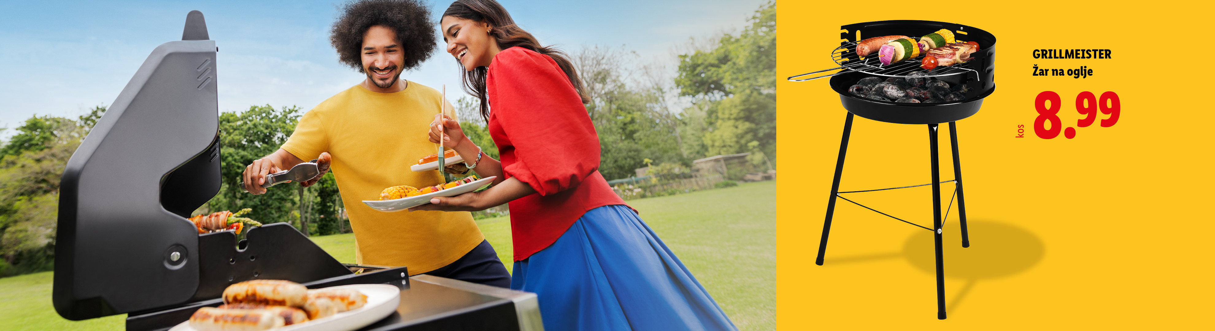 Par, ki peče na žaru v naravi, in žar na oglje s hrano, cena 8,99.