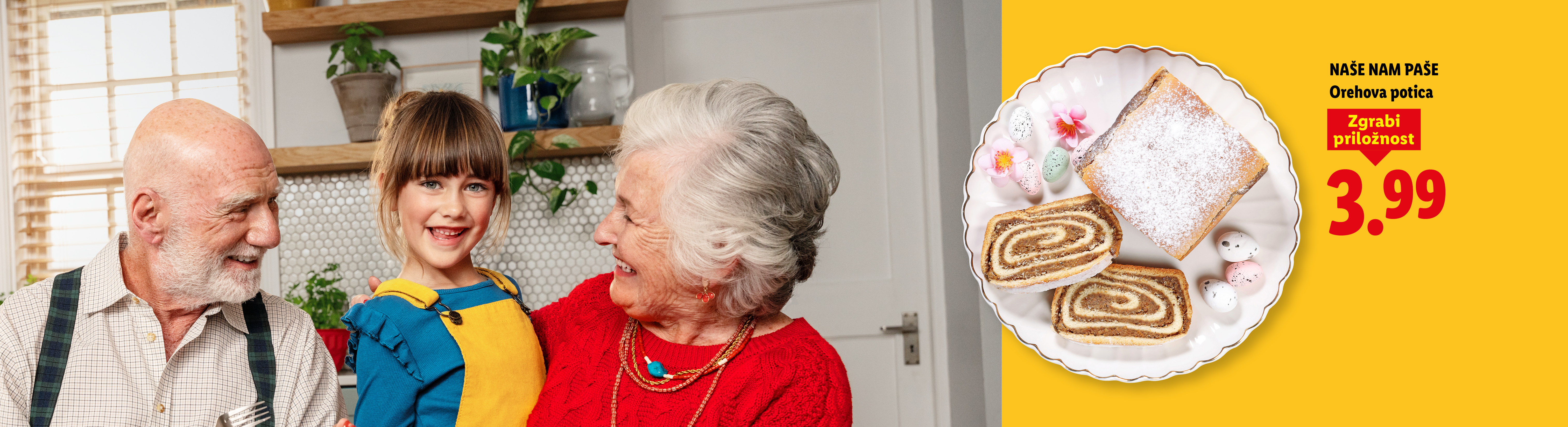 Družina uživa v orehovi potici in pecivu, cena 3,99.