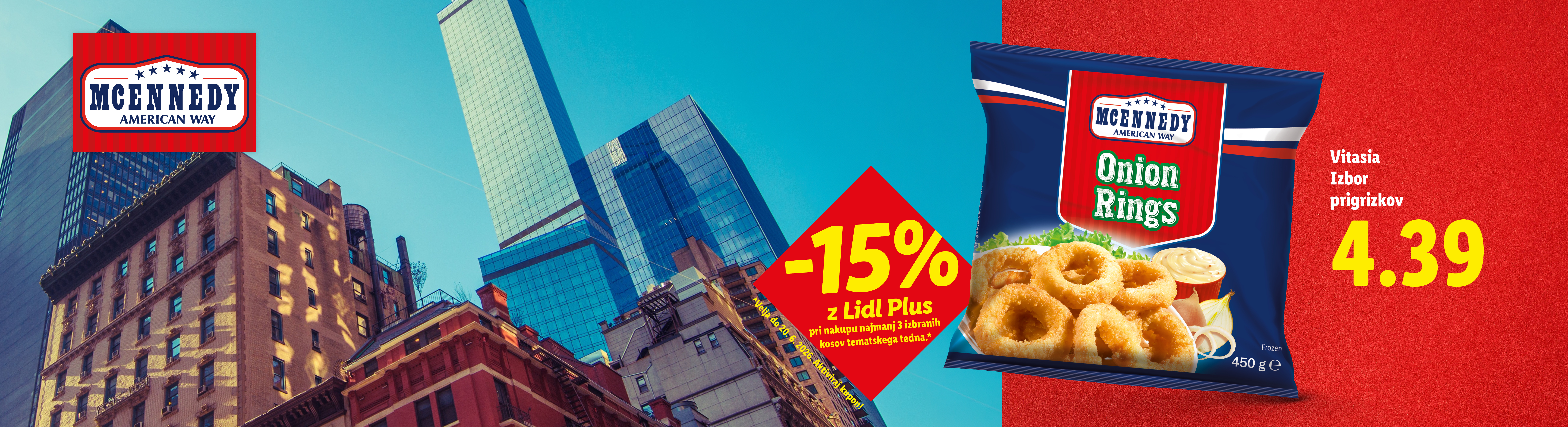 Ocvrti čebulni obročki v pakiranju 450 g, z 15 % popusta ob nakupu 3 izdelkov, cena 4,39.