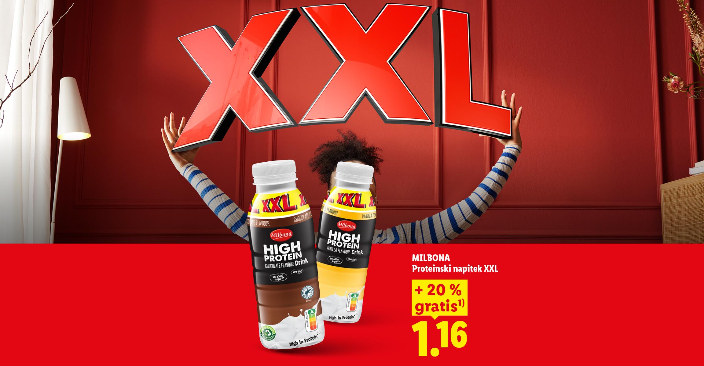 Mlada ženska drži napis XXL, poleg pa sta dva visokoproteinsko napitka XXL z 20 % gratis.
