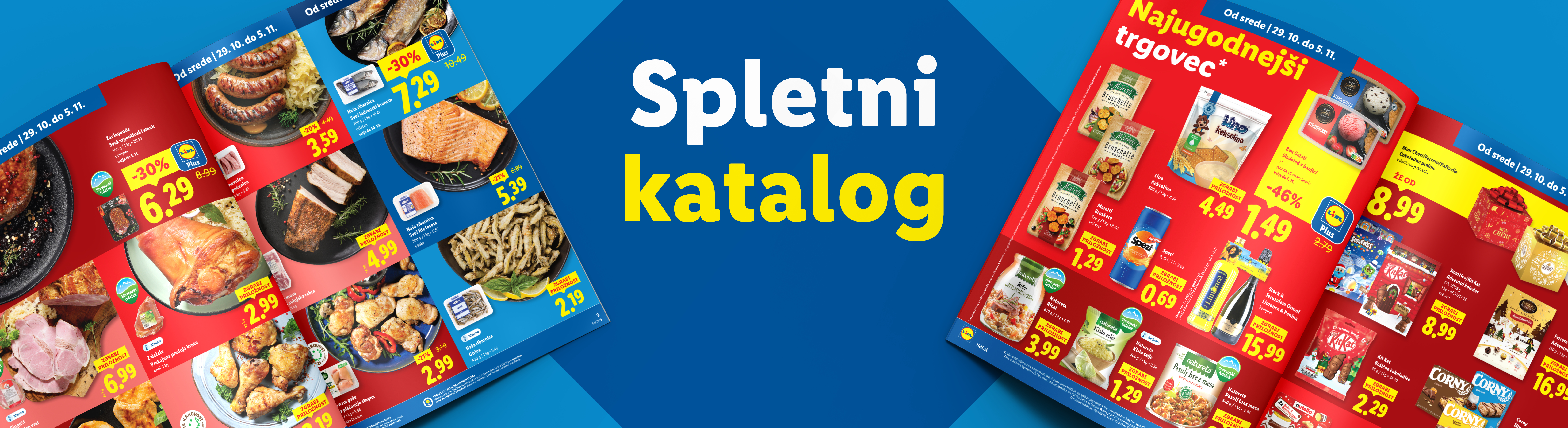 Lidl spletni katalog z akcijskimi ponudbami mesa, rib, prigrizkov in sladkarij.