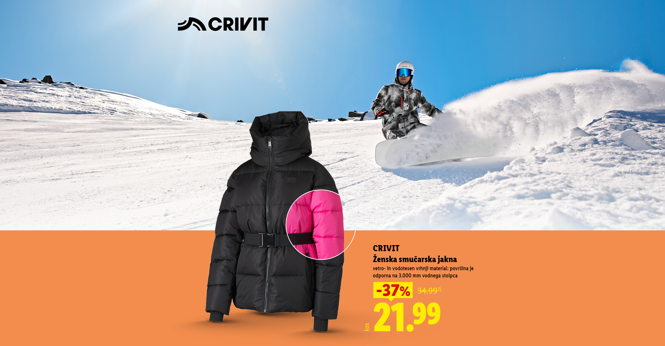Crivit Ženska smučarska jakna v črni in roza barvi, odporna na veter in vodo, s popustom -37 % za 21,99 € namesto 34,99 €