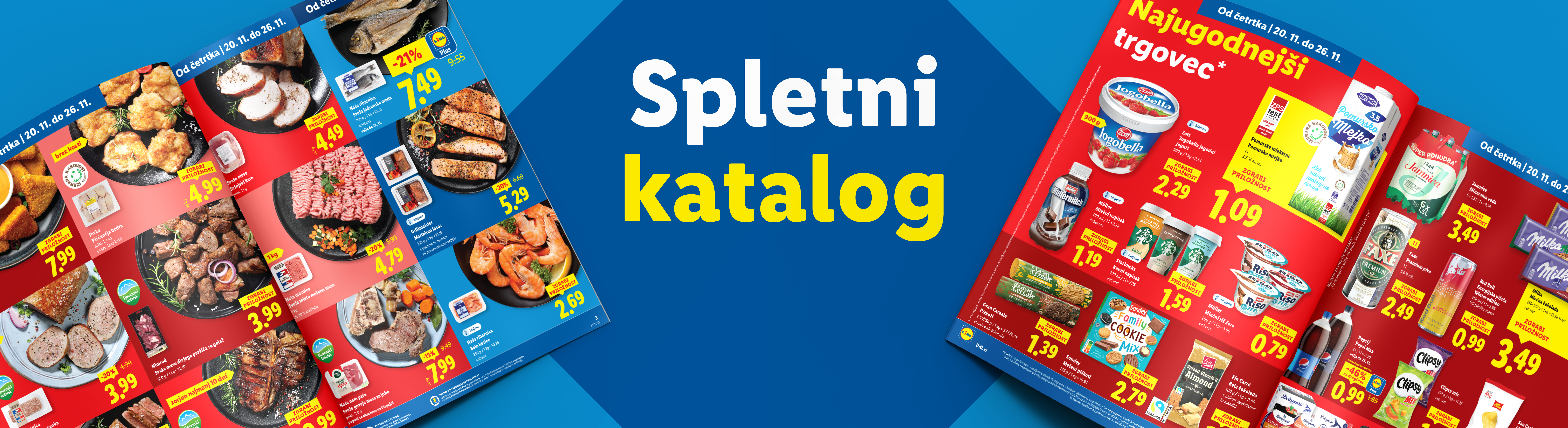 Lidl katalog z mesom, ribami, mlečnimi izdelki, pijačami in prigrizki, z naslovom »Spletni katalog«.