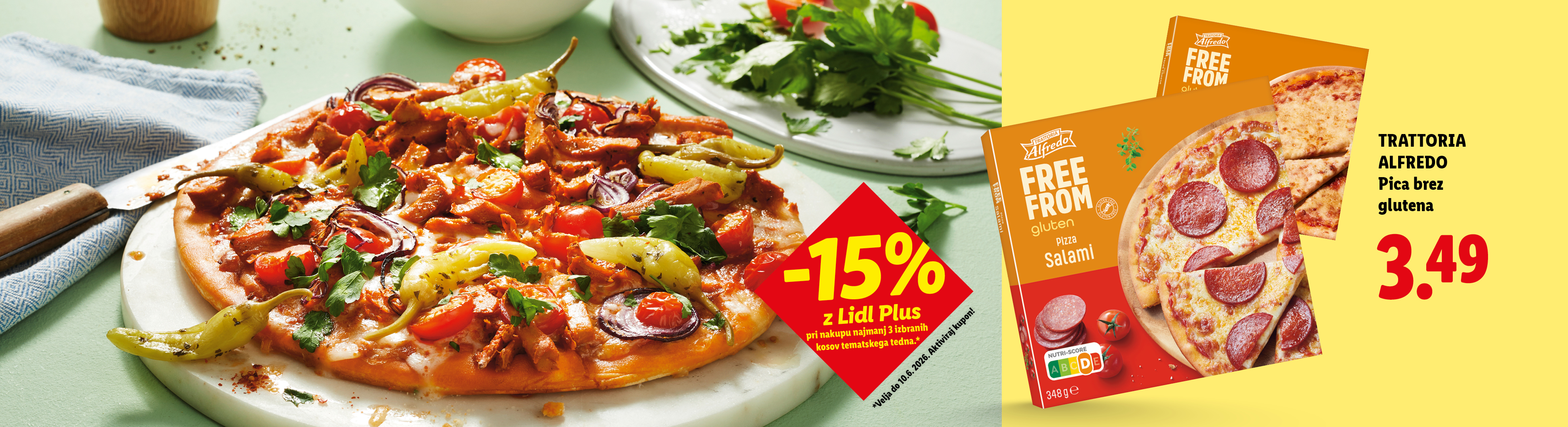 Pica s piščancem in papriko ter brezglutenska pica s salamo, s popustom -15%.